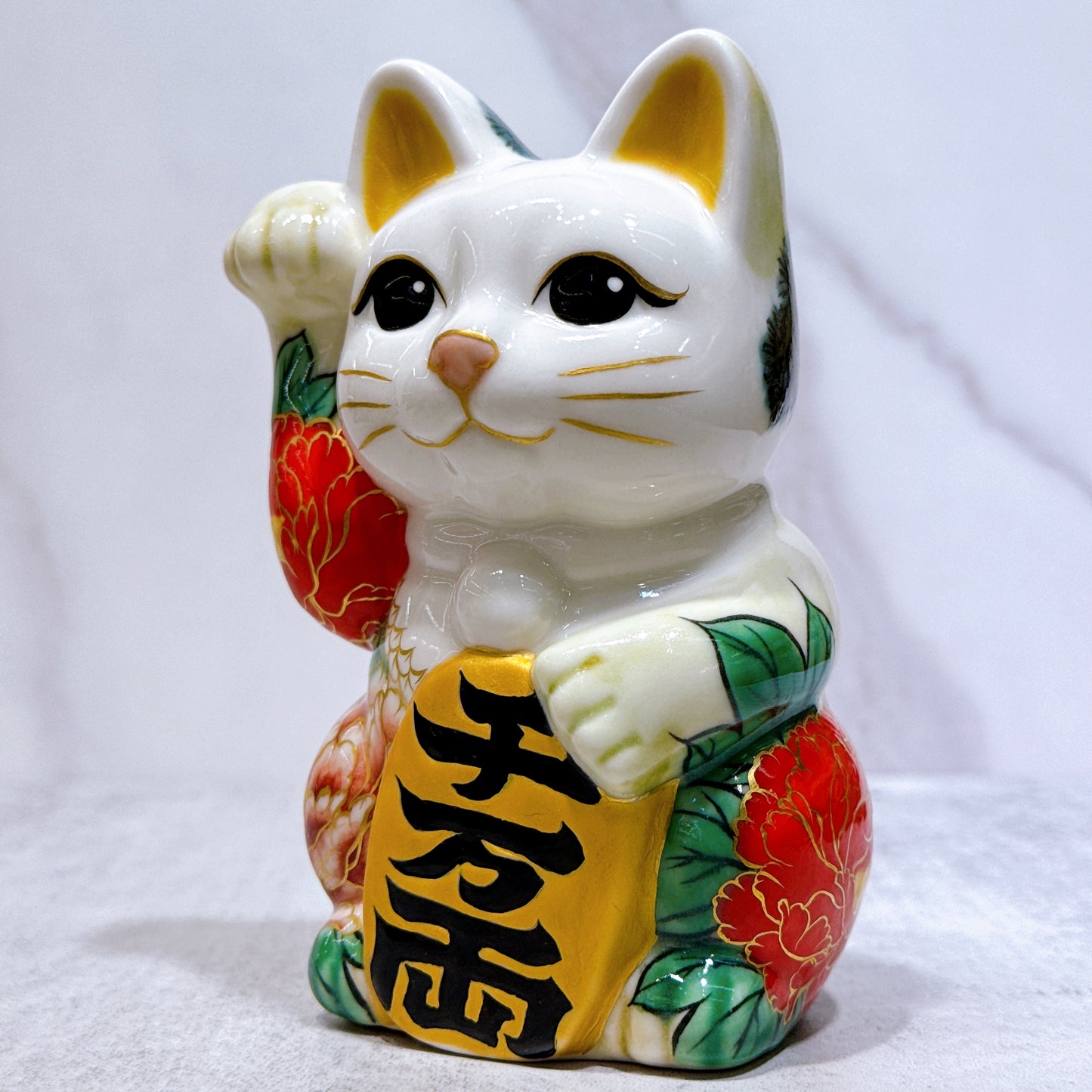 日本清水燒招財貓 色繪 孔雀