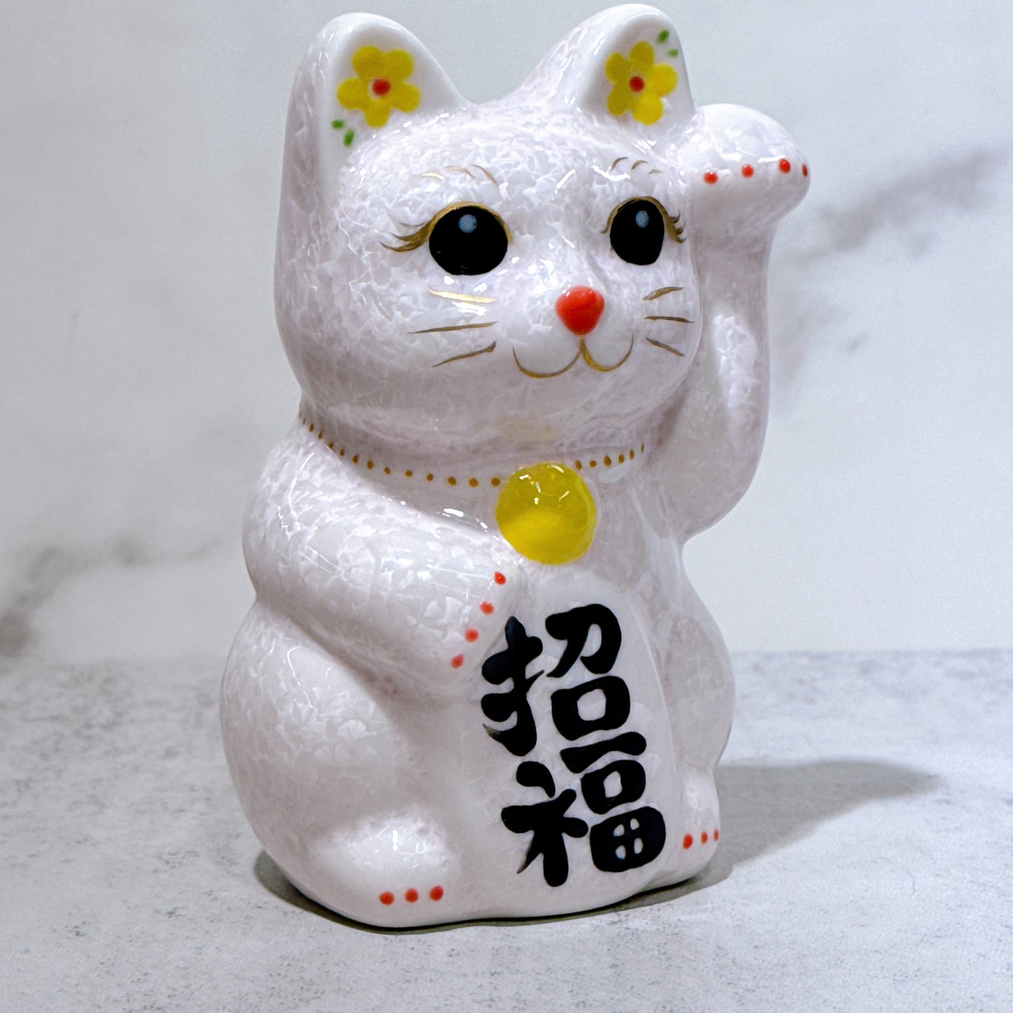 日本清水燒招財貓 花結晶 桃 招福 左 特小