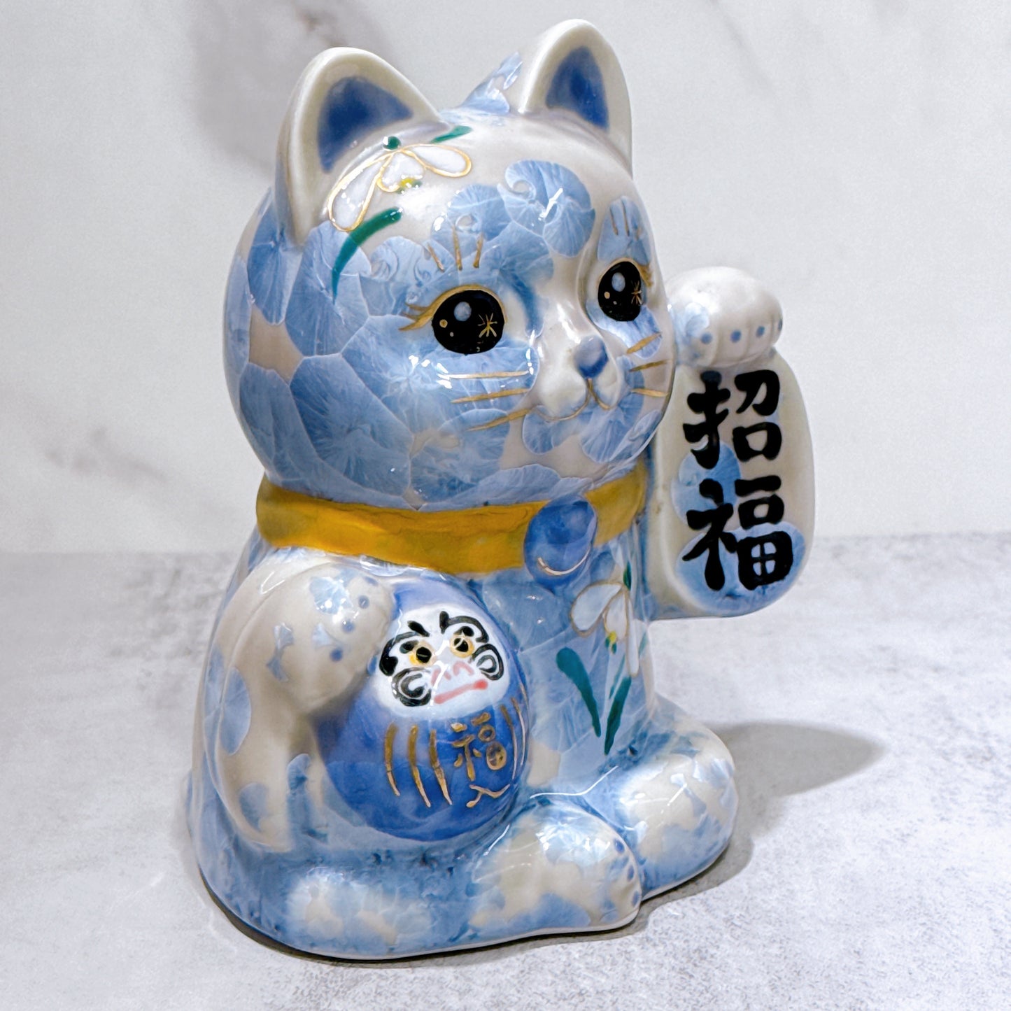 日本清水燒招財貓 達摩 花結晶 銀藤 招福