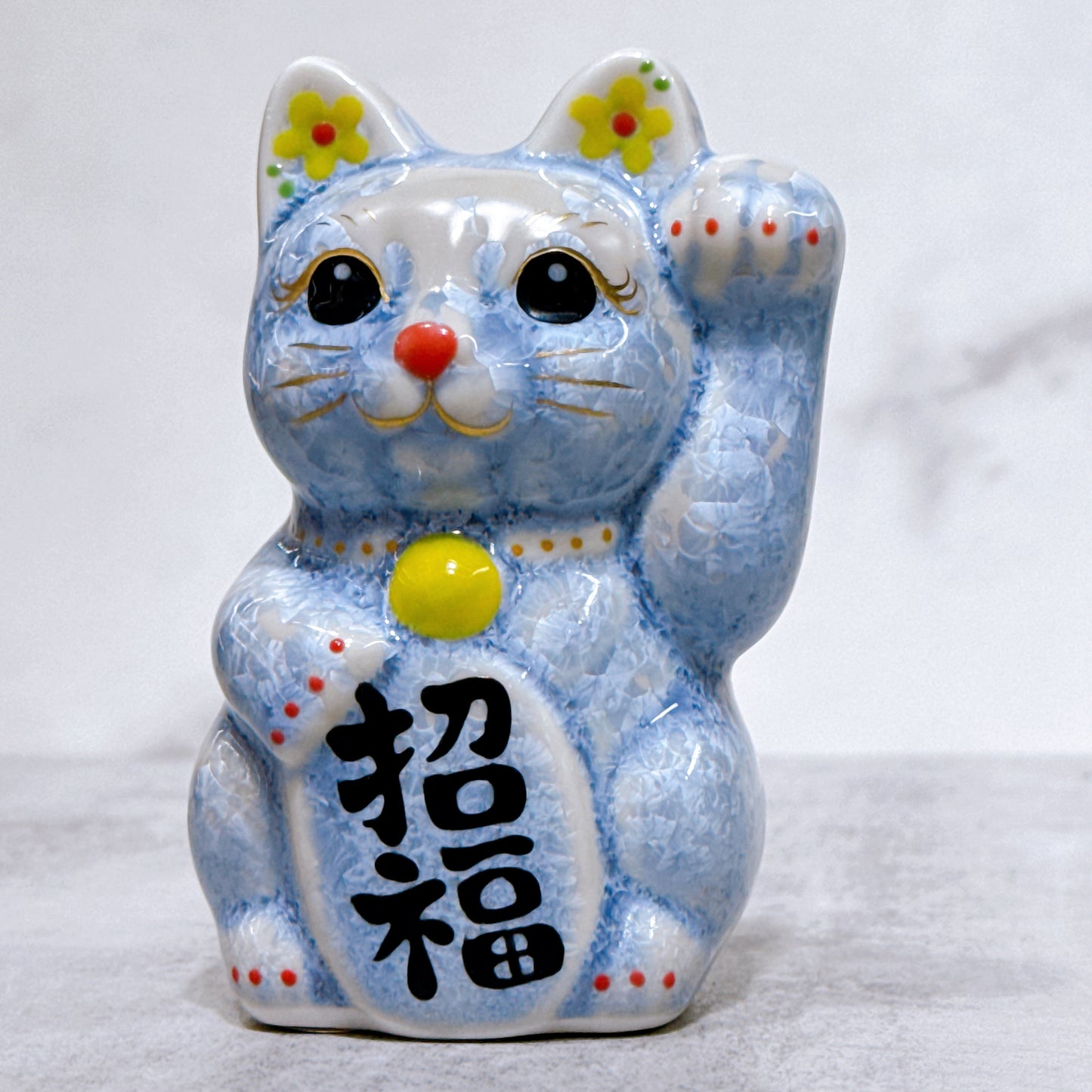 日本清水燒招財貓 花結晶 銀藤 左 特小