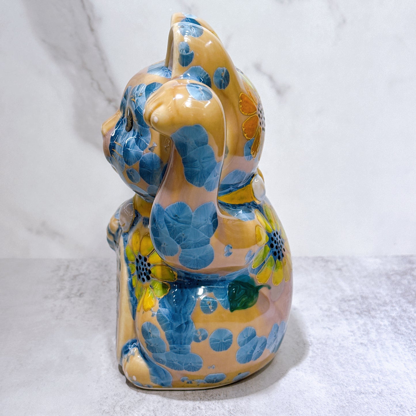 日本清水燒招財貓 花結晶 灰青 億万両 体花 特大 左