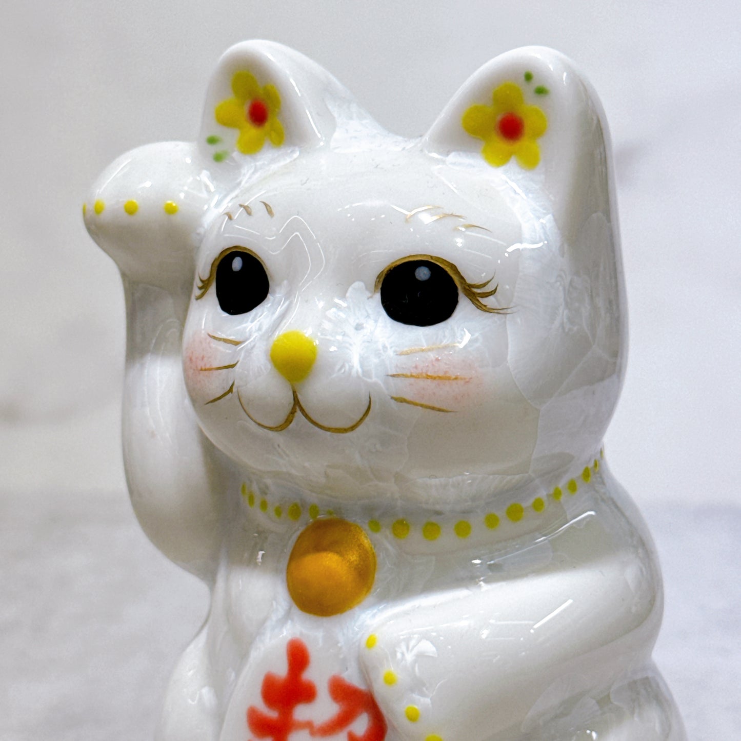 日本清水燒招財貓 花結晶 白 招福 右 特小