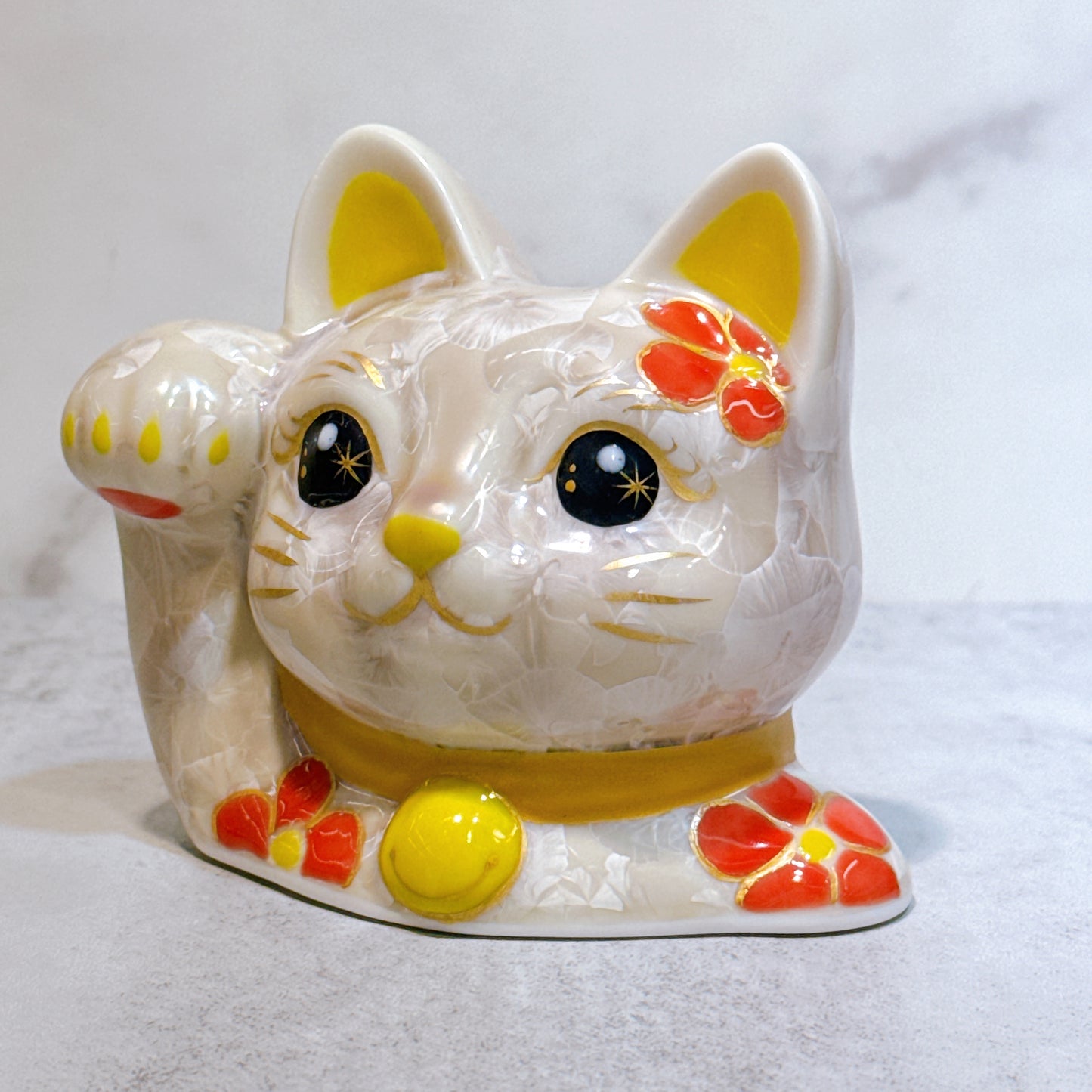 日本清水燒招財貓 貓半身 花結晶 杏 体花