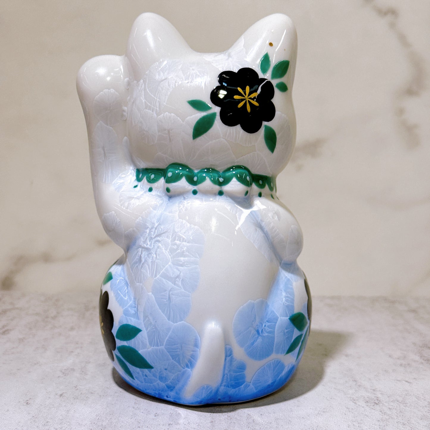 日本清水燒招財貓 花結晶 青白 千萬両 体花 左