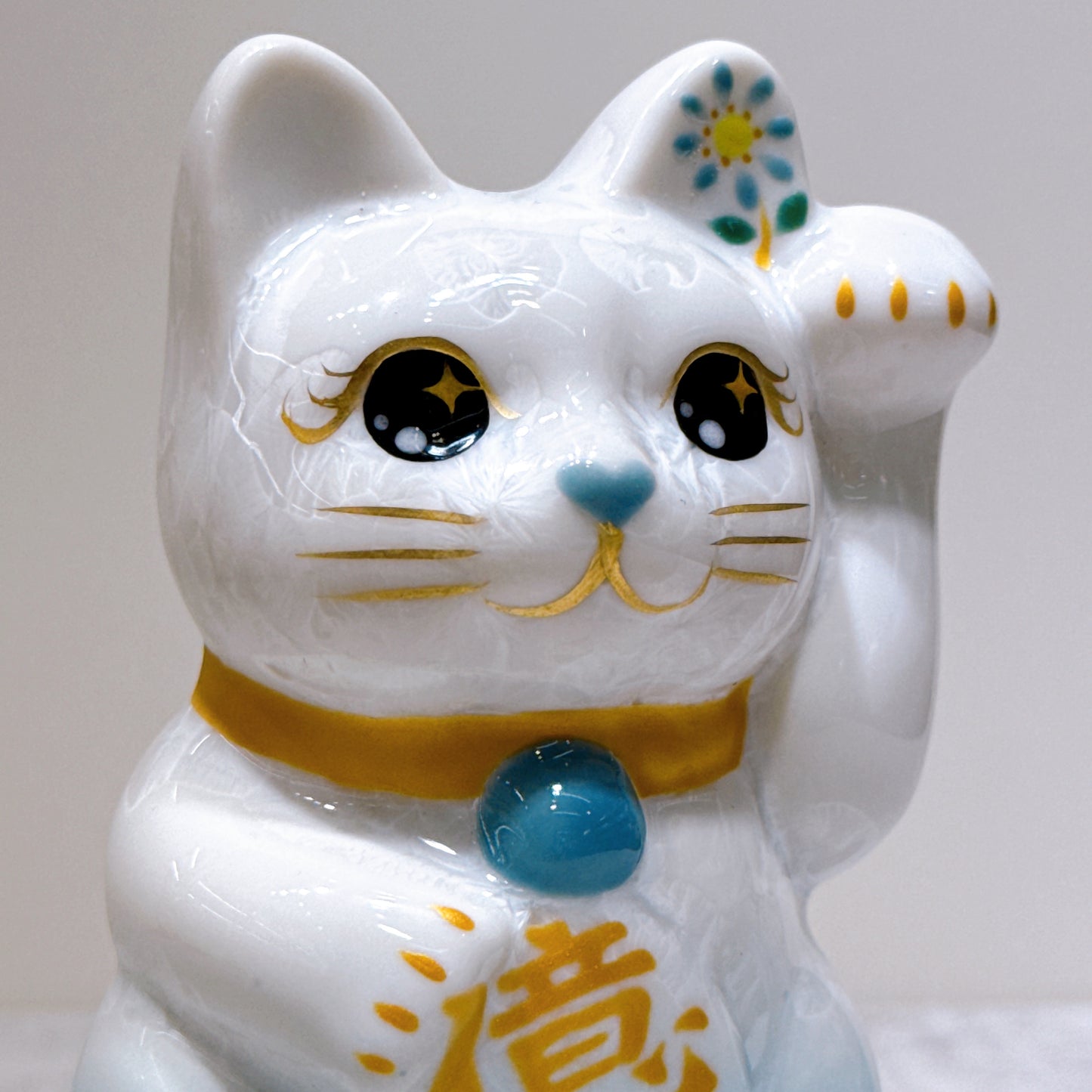 日本清水燒招財貓 花結晶 水色 億万両 左 特小