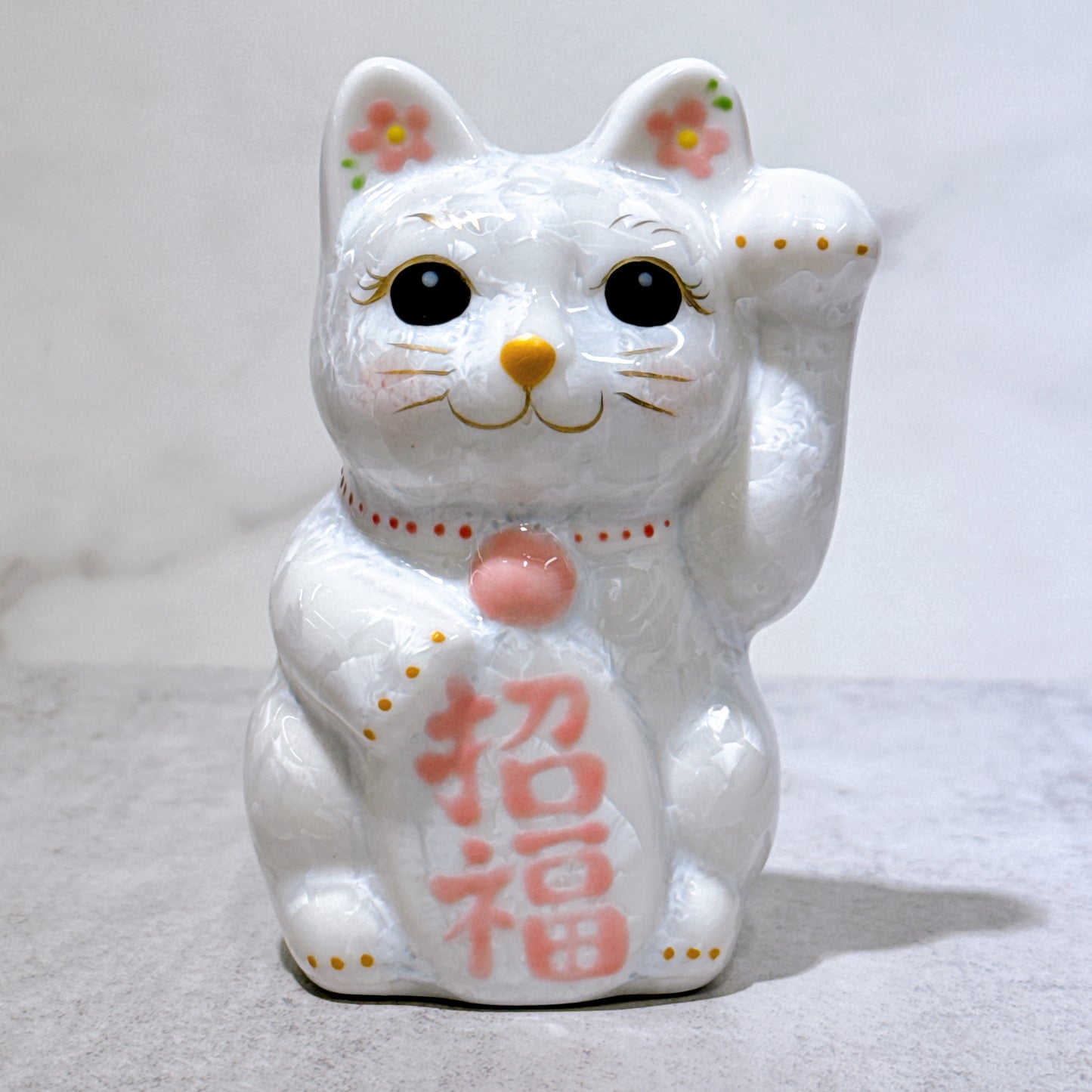 日本清水燒招財貓 花結晶 白 招福 左 特小