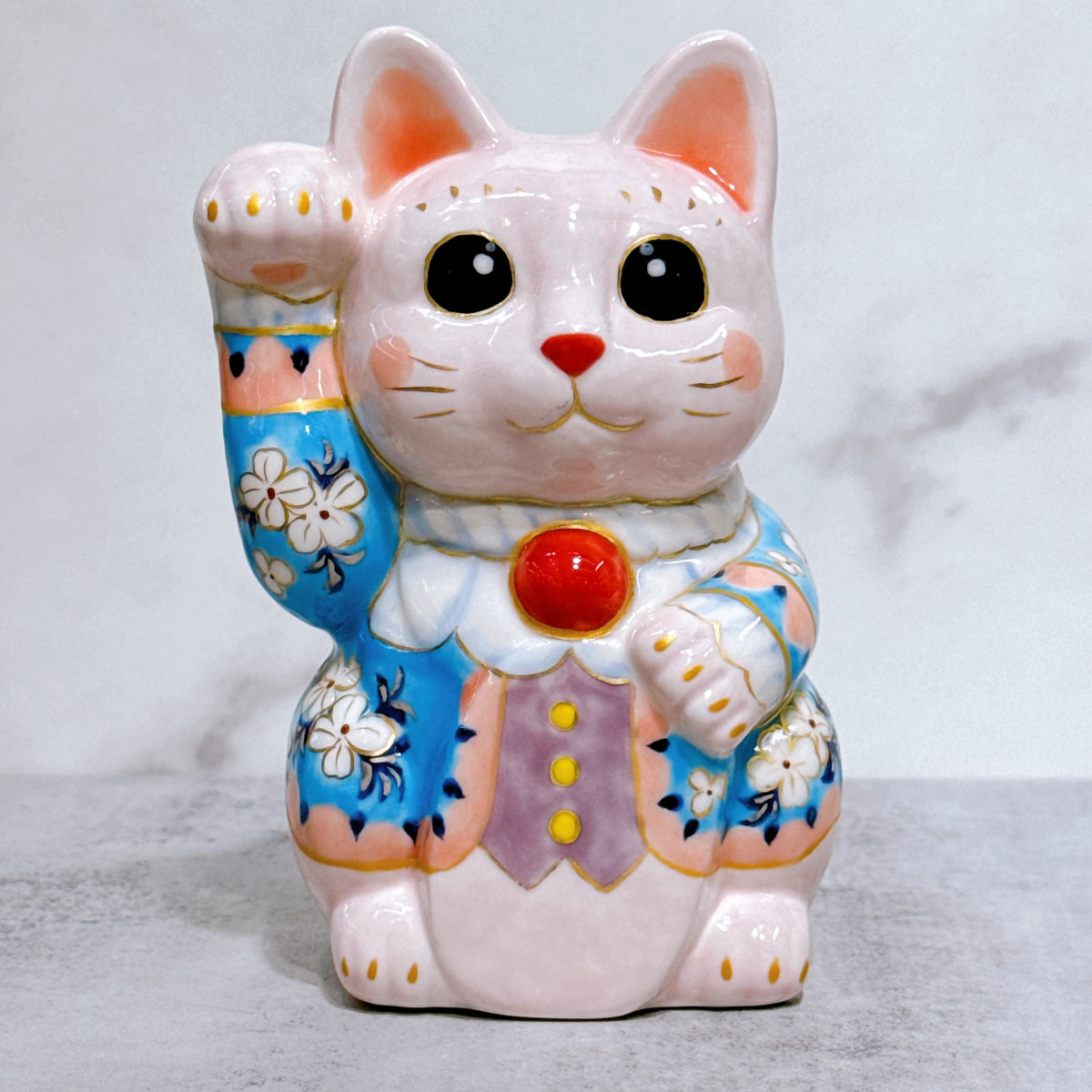 日本清水燒招財貓 色繪 籃貓福櫻