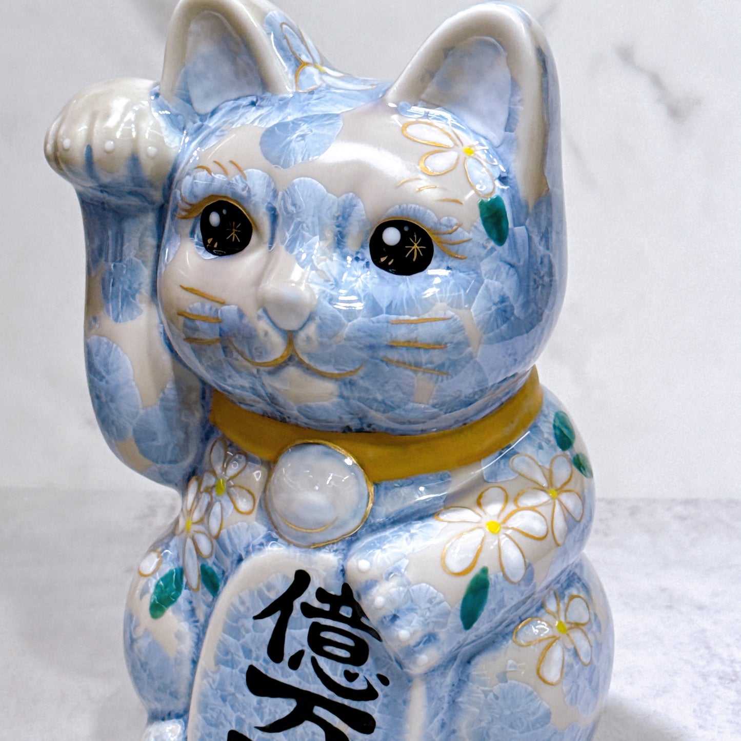 日本清水燒招財貓 花結晶 銀藤 億万両 体花 特大 右