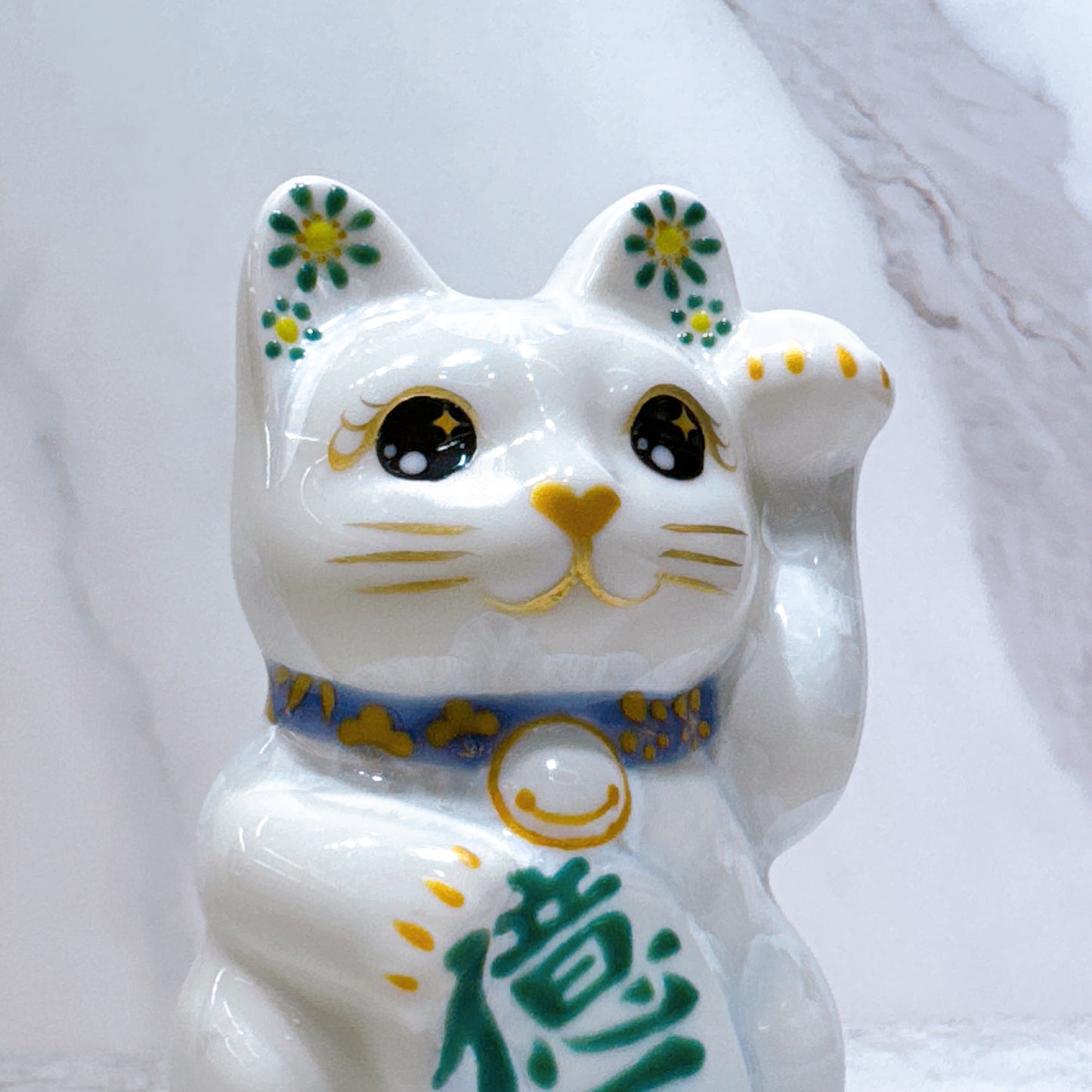 日本清水燒招財貓 花結晶 青白 億万両 左 特小