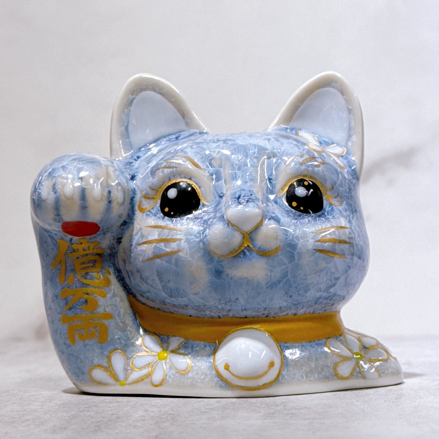 日本清水燒招財貓 貓半身 花結晶 銀藤 体花