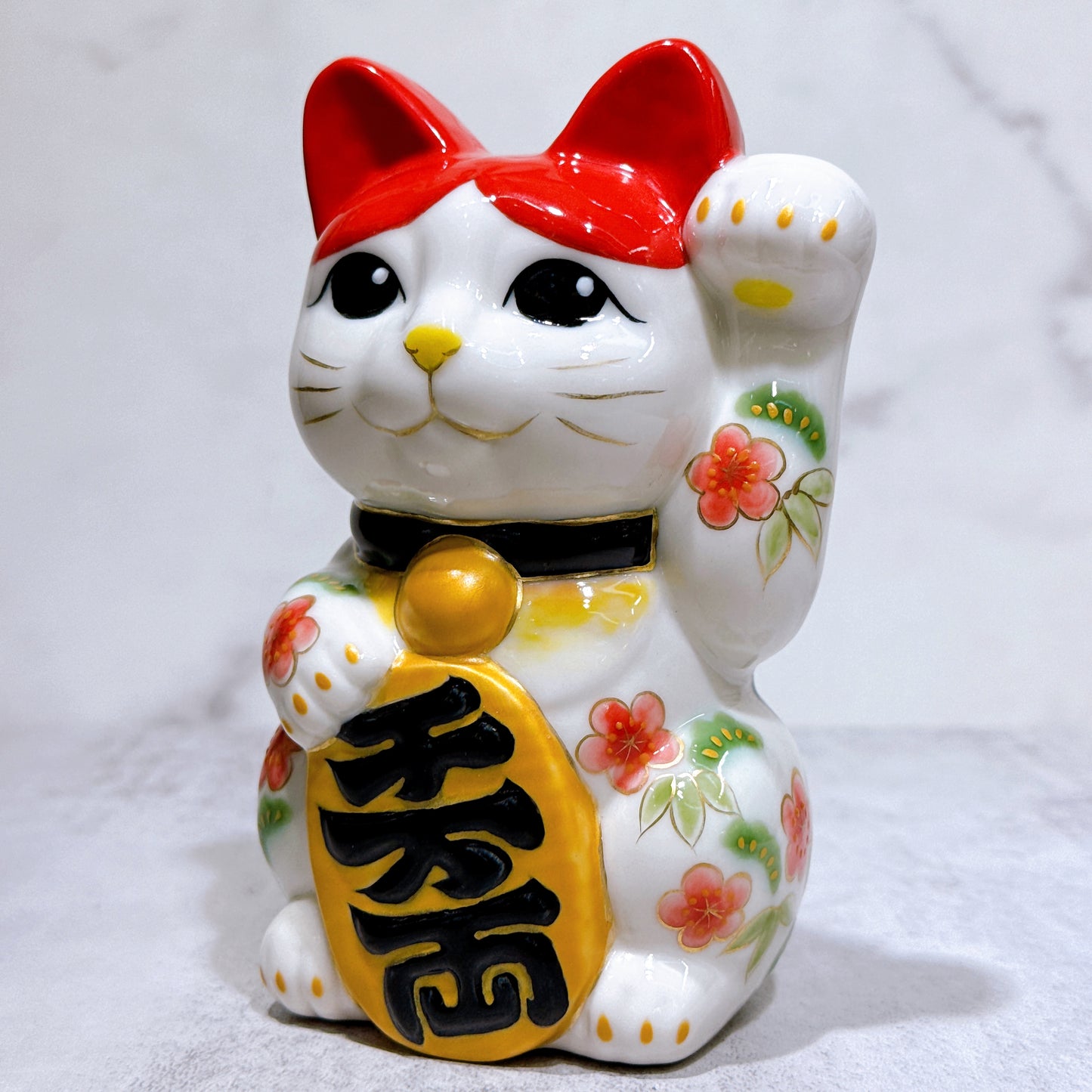 日本清水烧招财猫 色绘 鹤