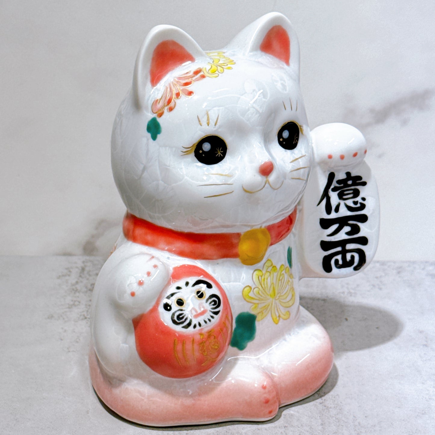 日本清水燒招財貓 達摩 花結晶 桃白 億万両