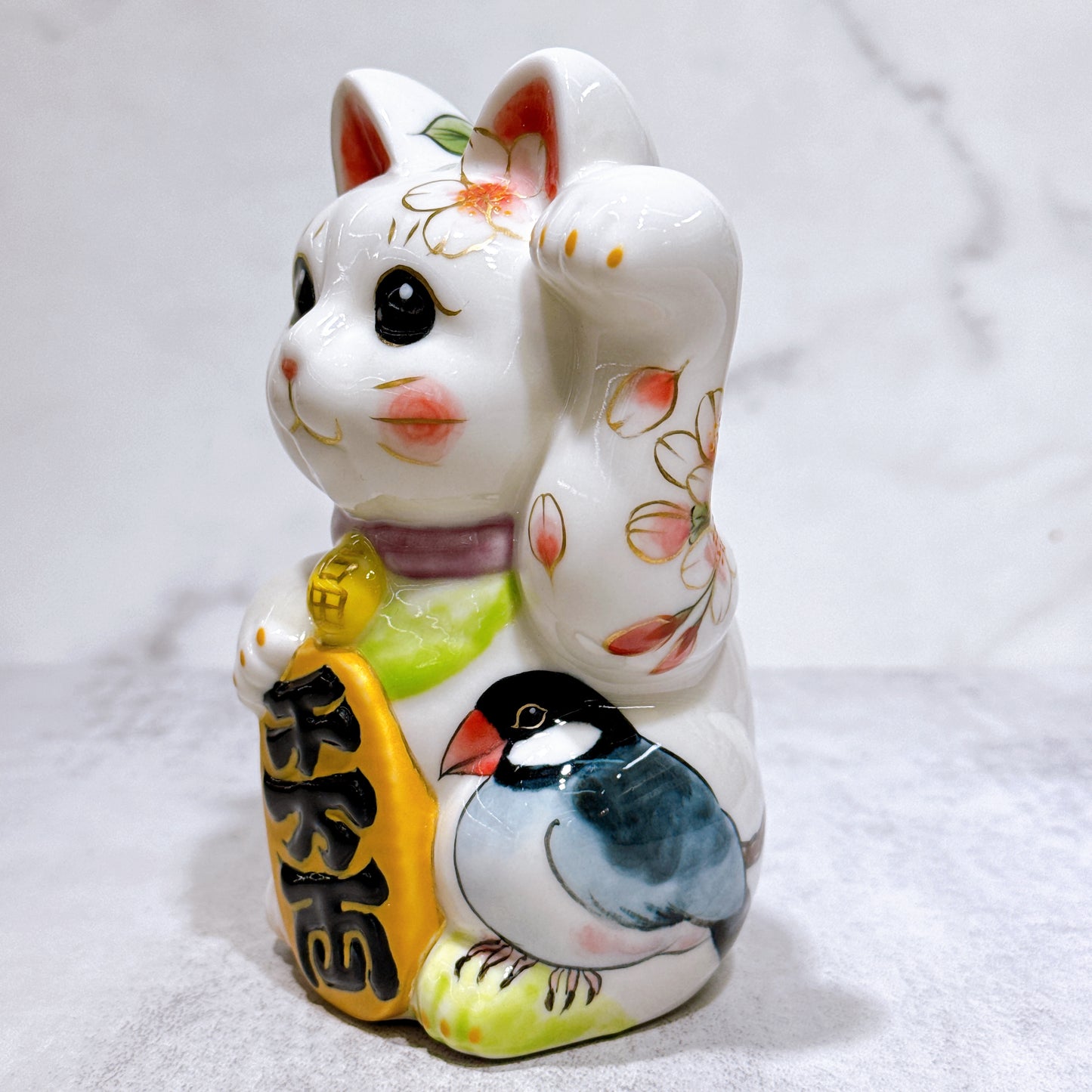 日本清水燒招財貓 色繪 白地花鳥