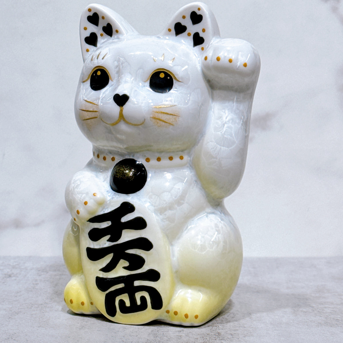 日本清水燒招財貓 花結晶 黃白 左