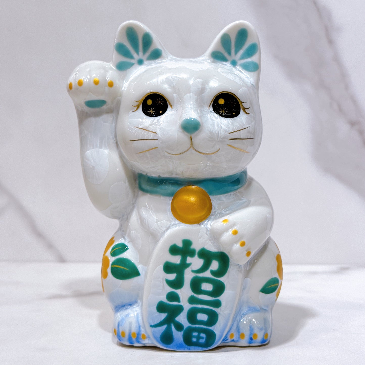 日本清水燒招財貓 花結晶 青白 体花 招福 右
