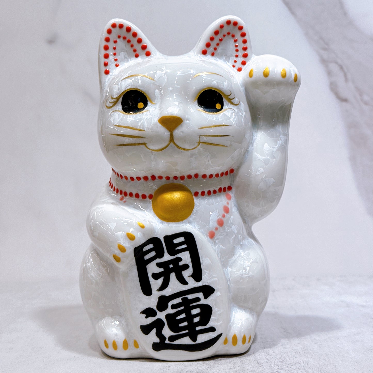 日本清水燒招財貓 花結晶 白 開運 中號