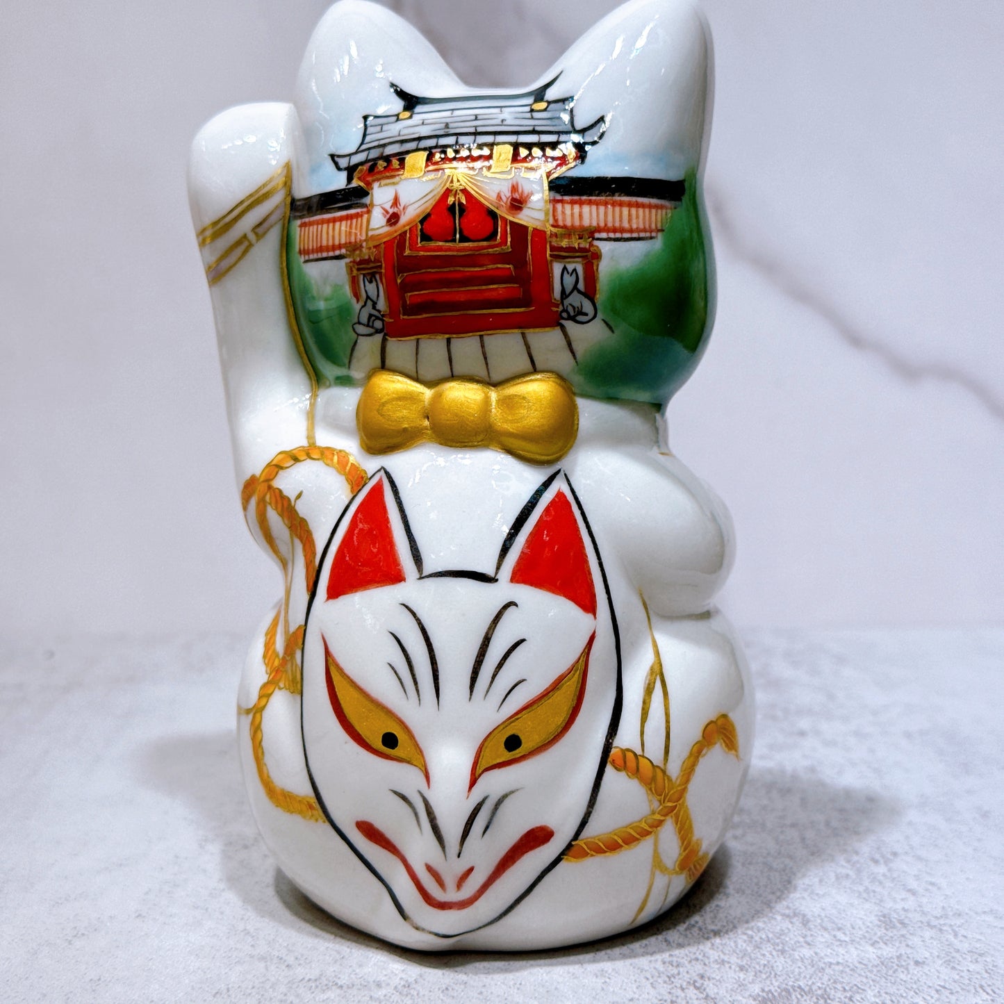 日本清水烧招财猫 色绘 白狐稻荷