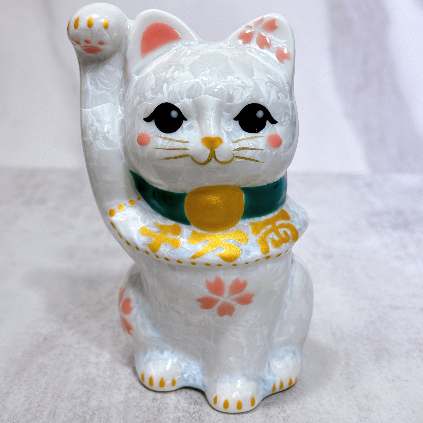 日本清水燒招財貓 花結晶 白 千万両