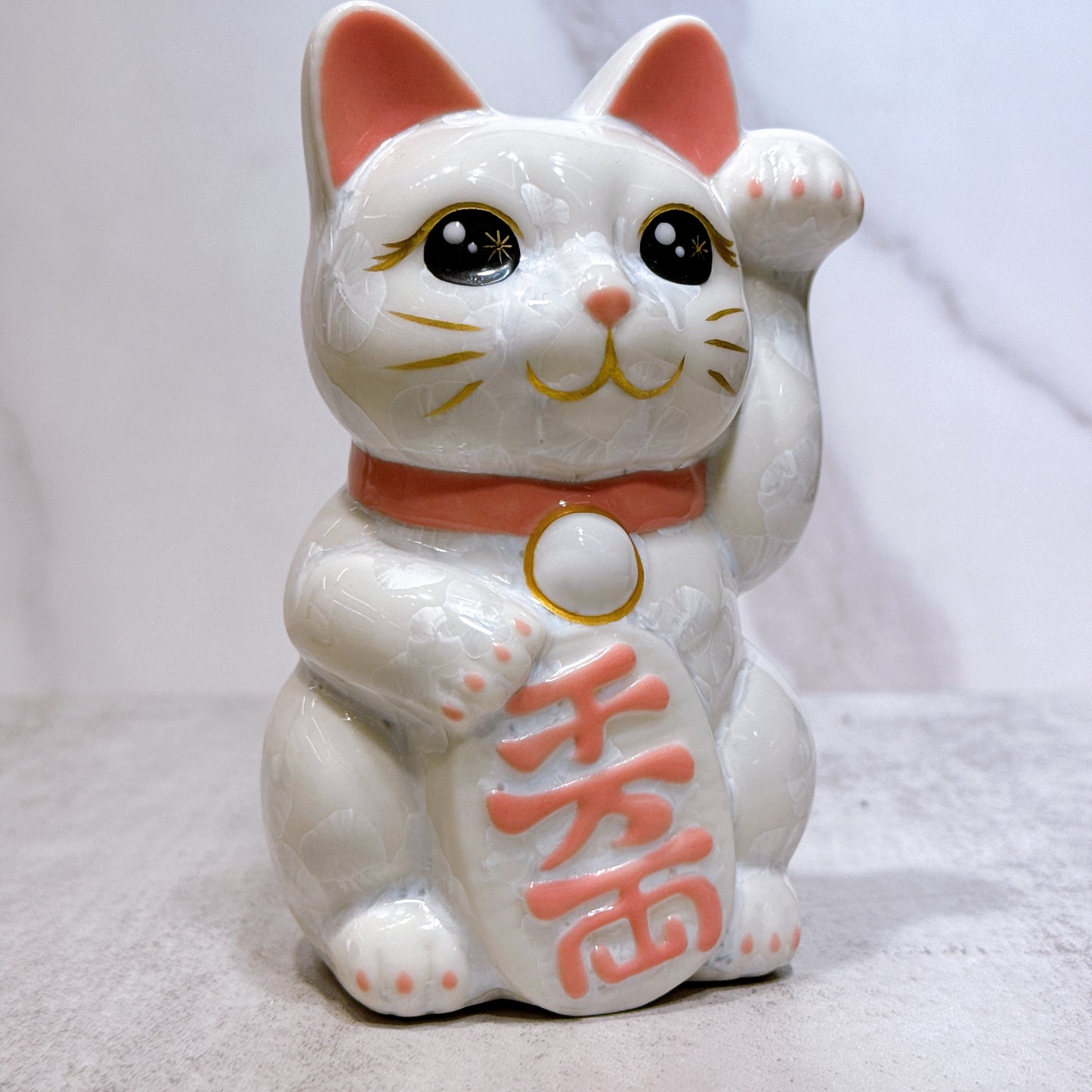 日本清水烧招财猫 花结晶 白 千万两 右