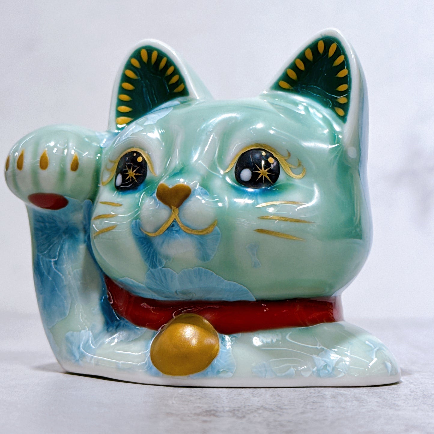 日本清水燒招財貓 貓半身 花結晶 綠