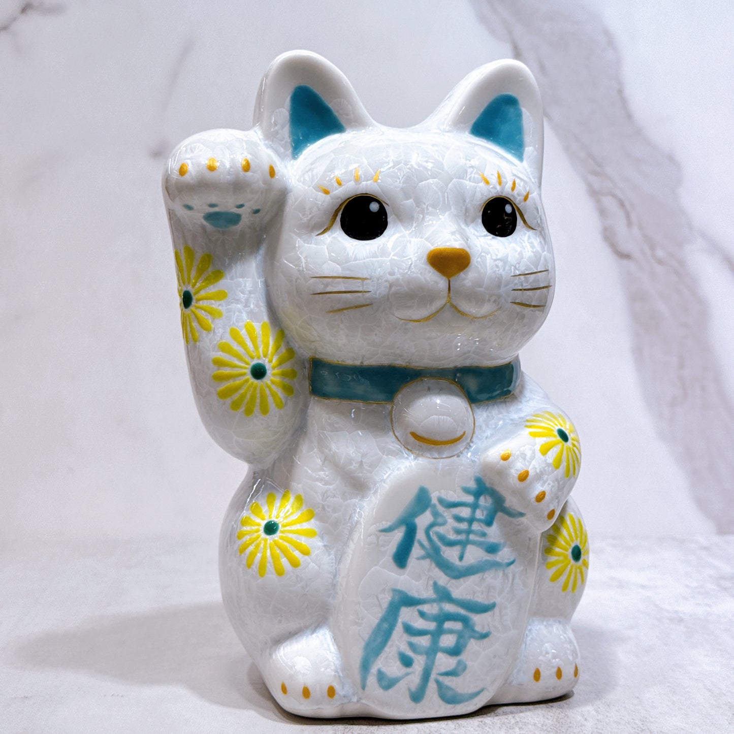 日本清水燒招財貓 花結晶 白 健康 特大 右
