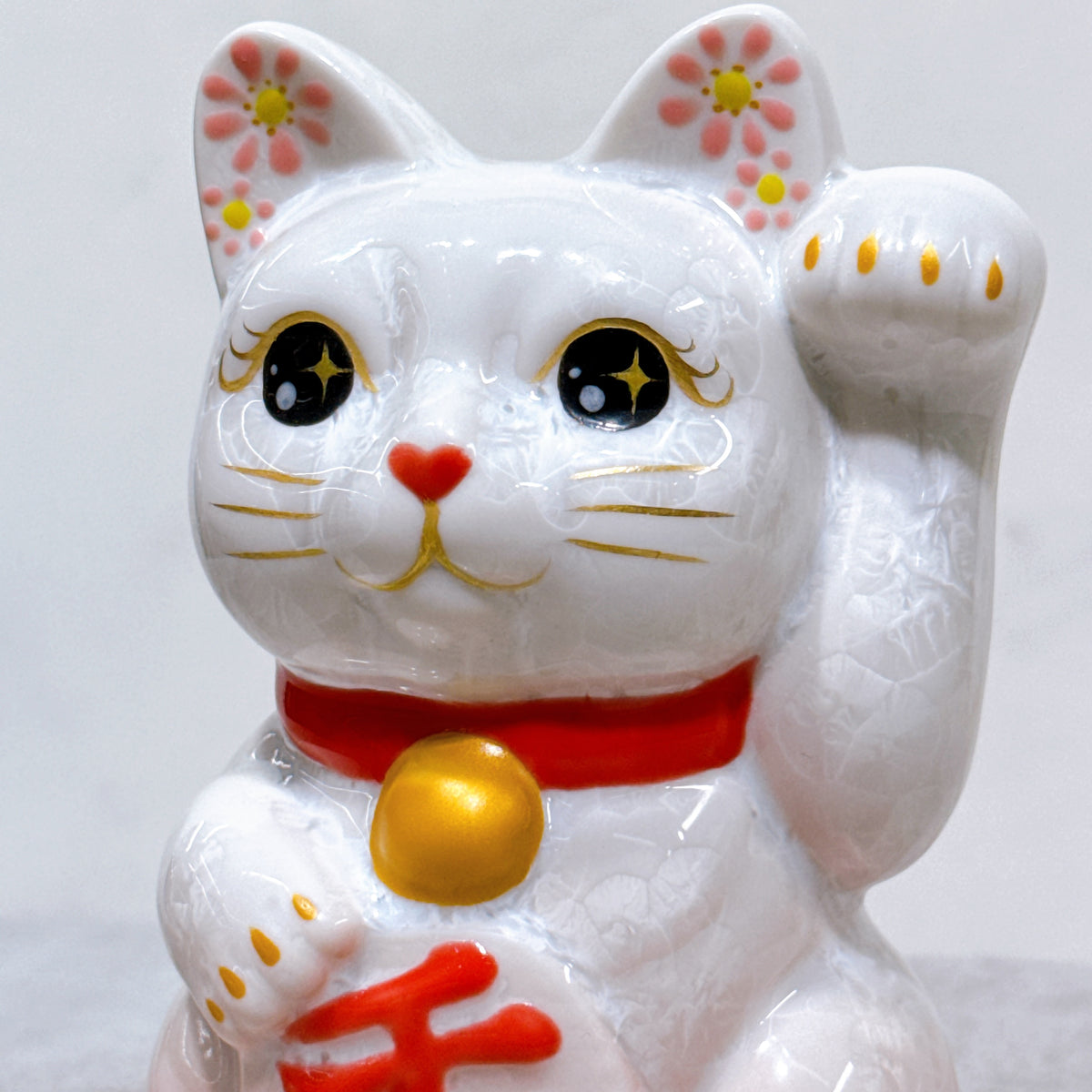 日本清水燒招財貓 花結晶 桃白 千万両 左