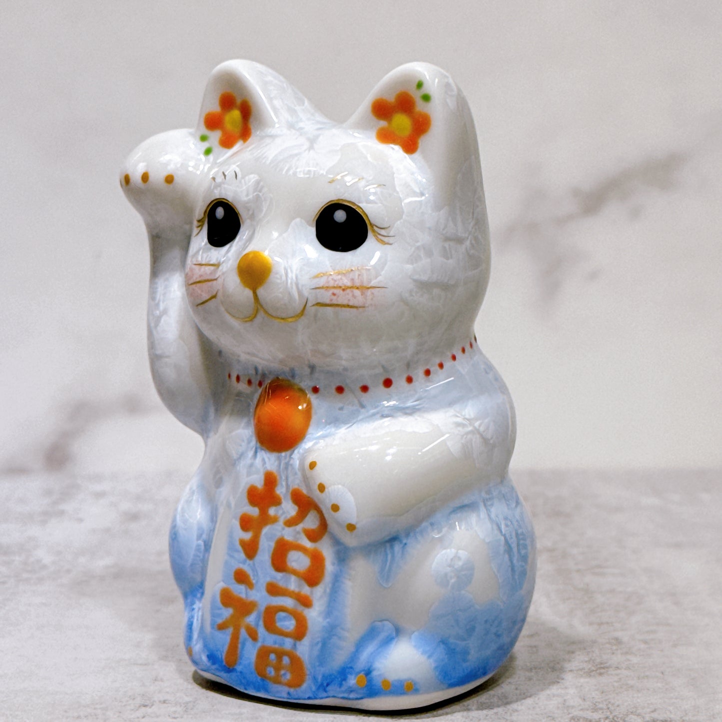 日本清水燒招財貓 花結晶 青白 右 特小