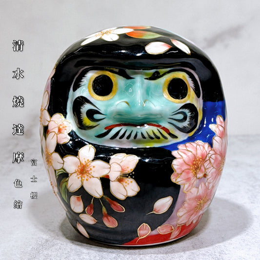 日本清水燒達摩 色繪 黑地 富士櫻 小號