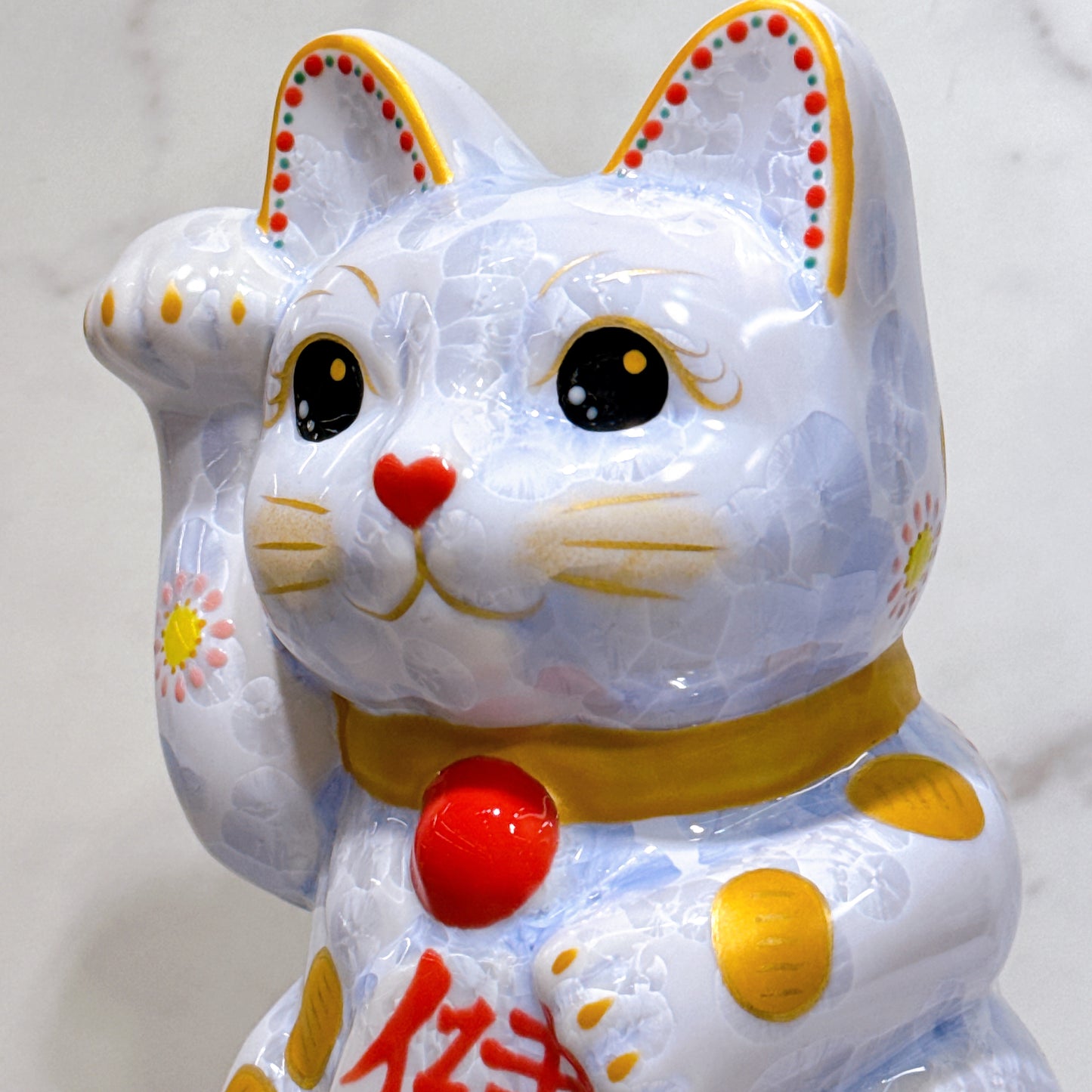 日本清水燒招財貓 花結晶 藤 健康 体花 特大 右