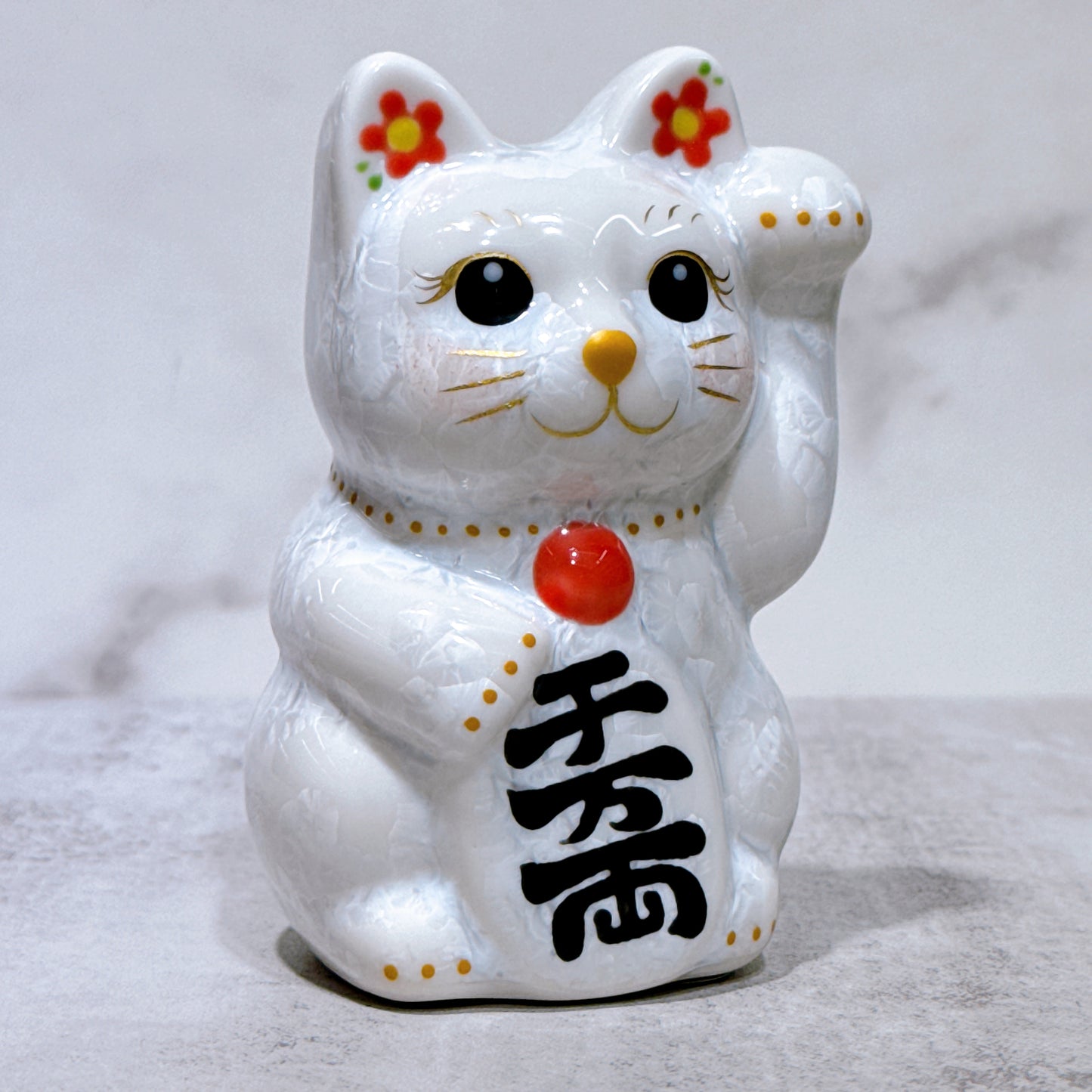 日本清水燒招財貓 花結晶 白 招福 左 特小