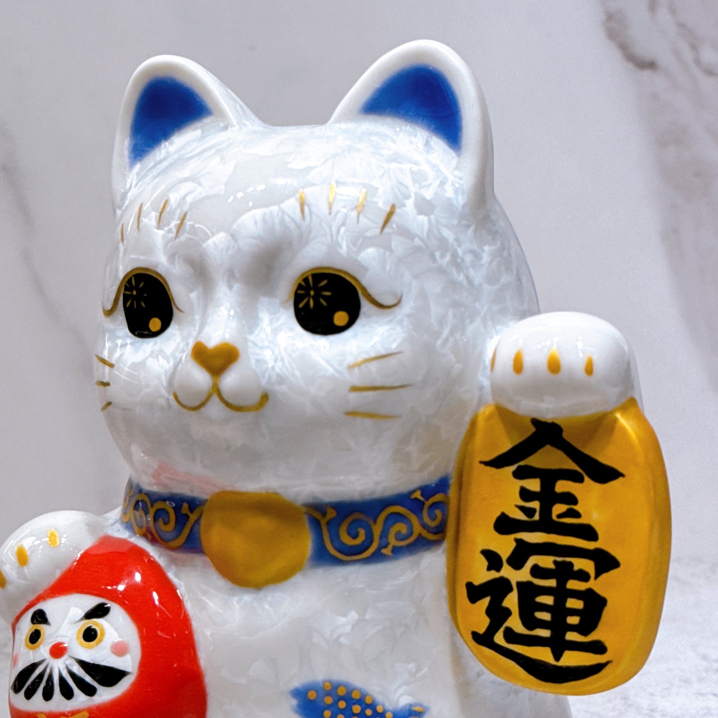 日本清水燒招財貓 達摩 花結晶 白 金運