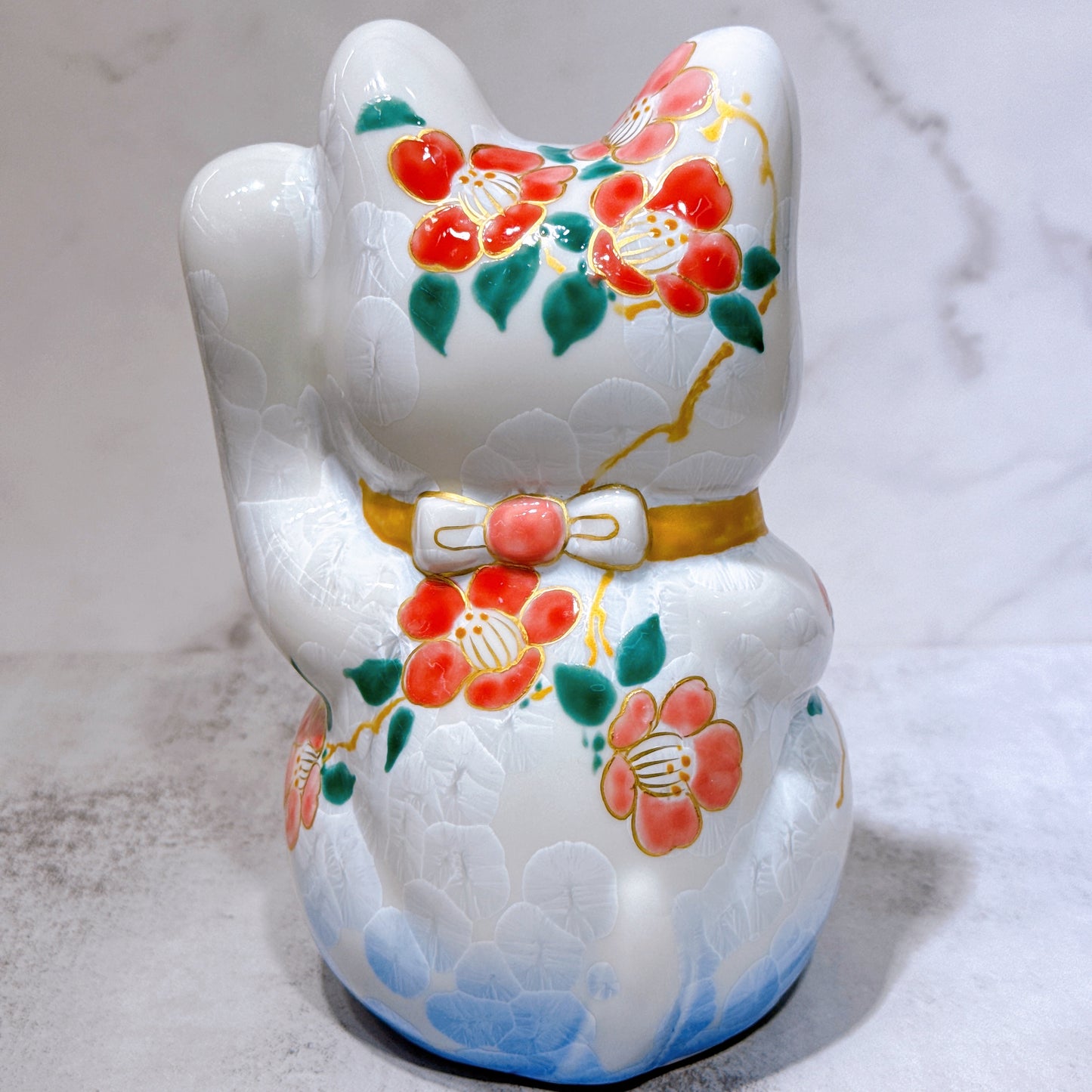 日本清水燒招財貓 花結晶 青白 千万両 体花 特大 左