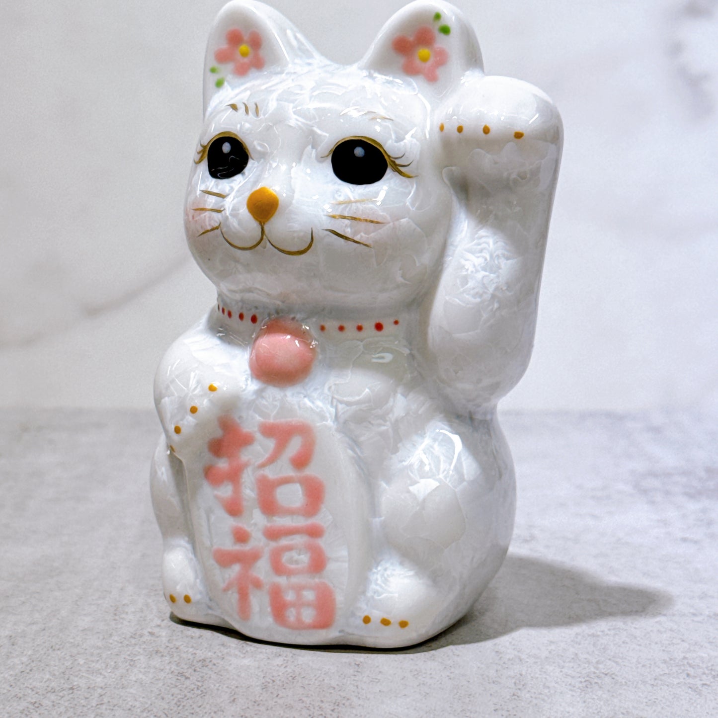 日本清水燒招財貓 花結晶 白 招福 左 特小