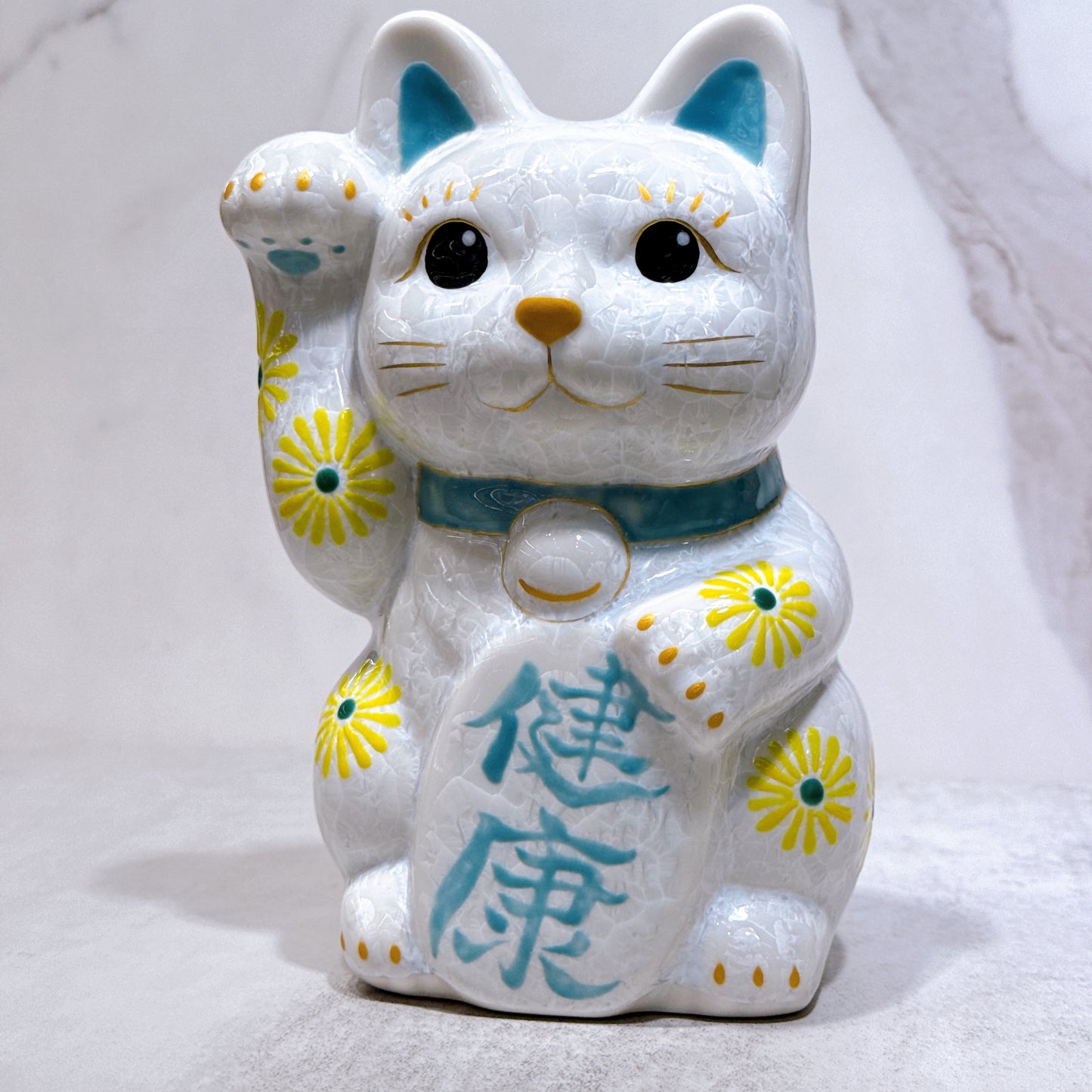 日本清水燒招財貓 花結晶 白 健康 特大 右