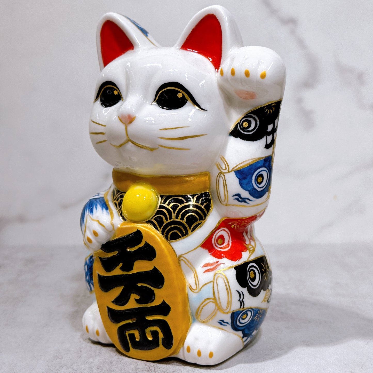 日本清水燒招財貓 色繪 描旗鯉