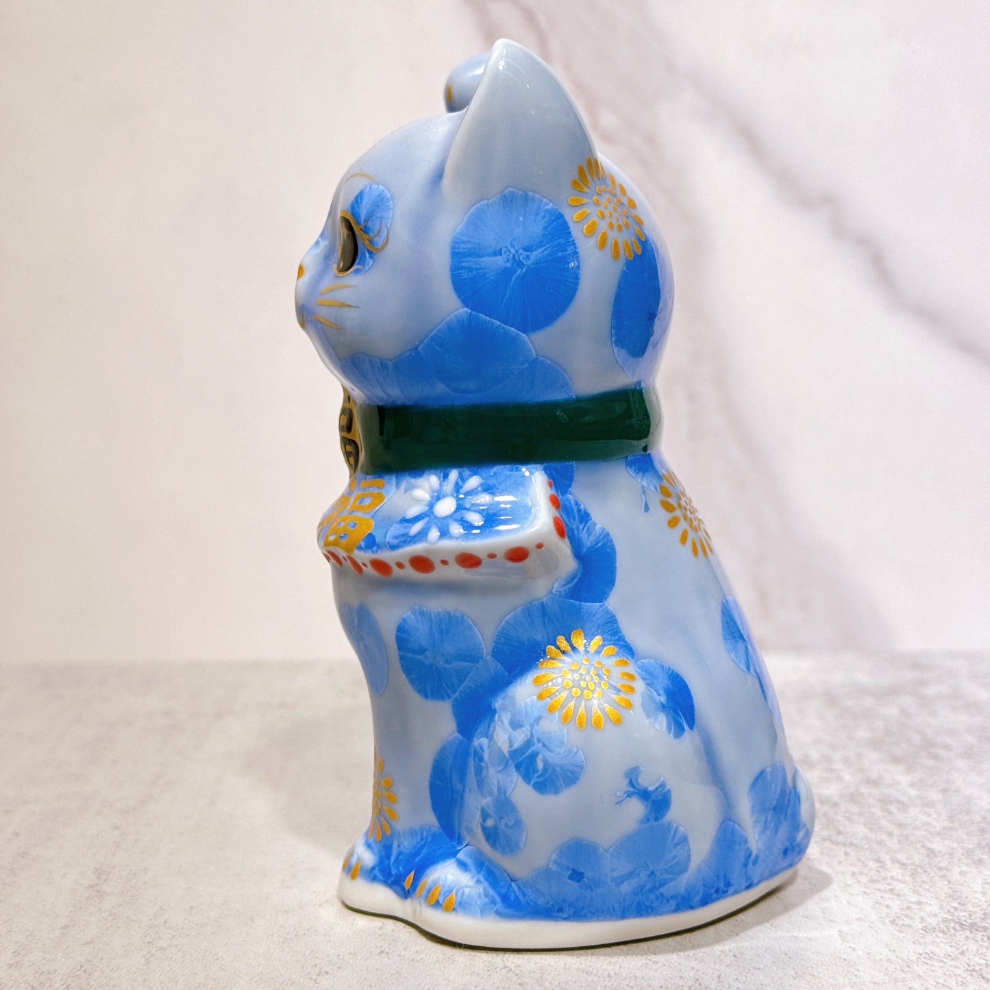 日本清水燒招財貓 花結晶 青 招福