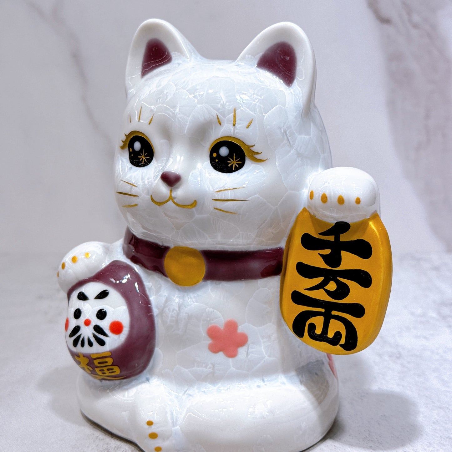 日本清水燒招財貓 達摩 花結晶 白 千万両