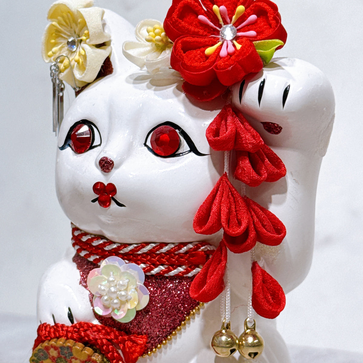 日本花見招財貓 紅蓮赤韻 5號 白 左手