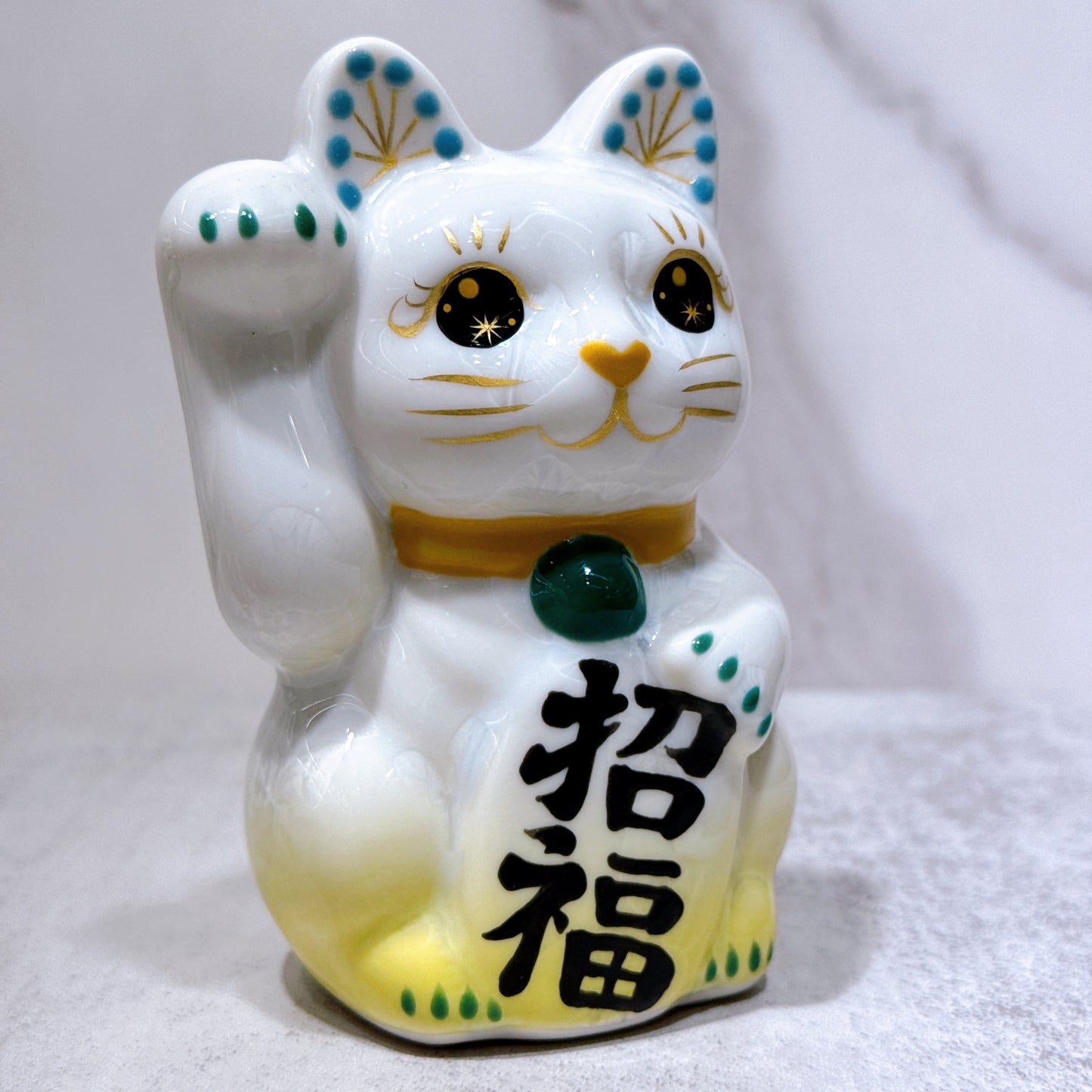 日本清水燒招財貓 花結晶 黃白 招福 右 特小