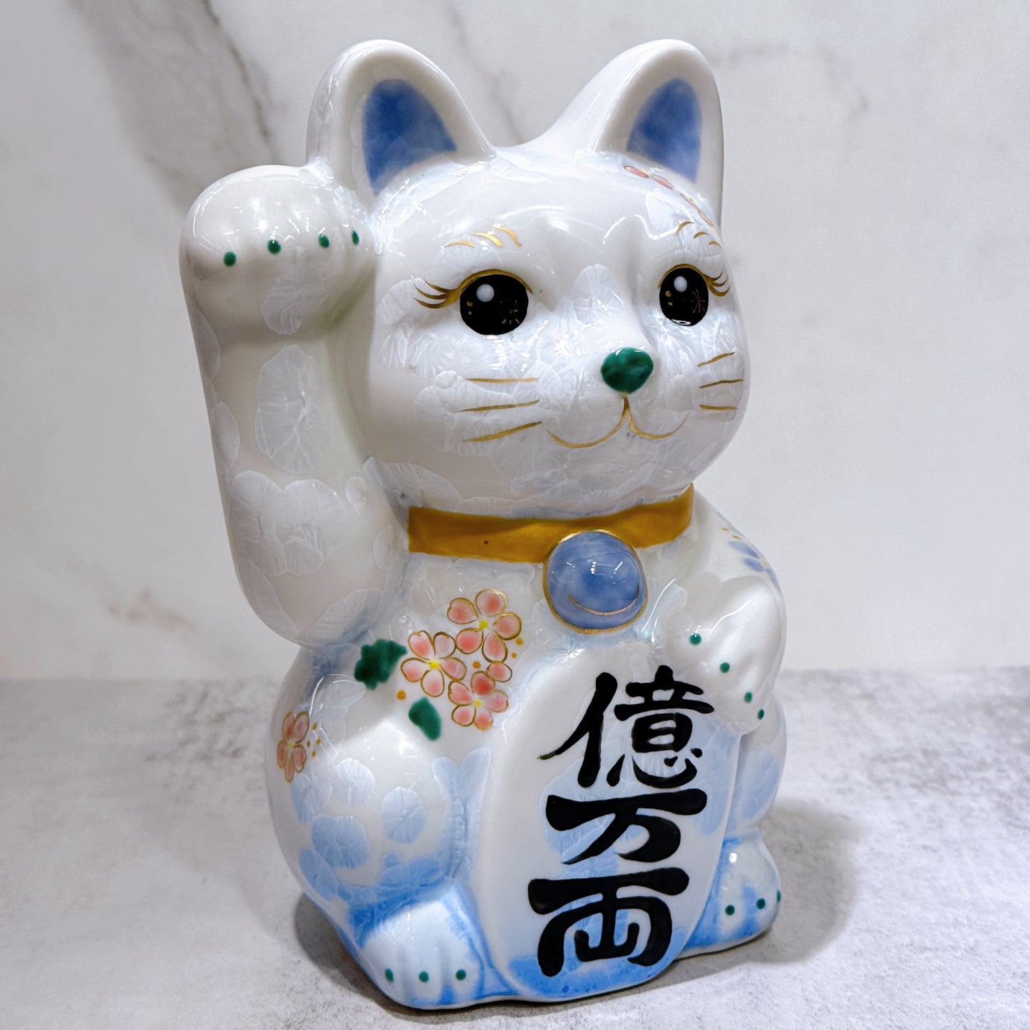 日本清水燒招財貓 花結晶 青白 億万両 体花 特大 右