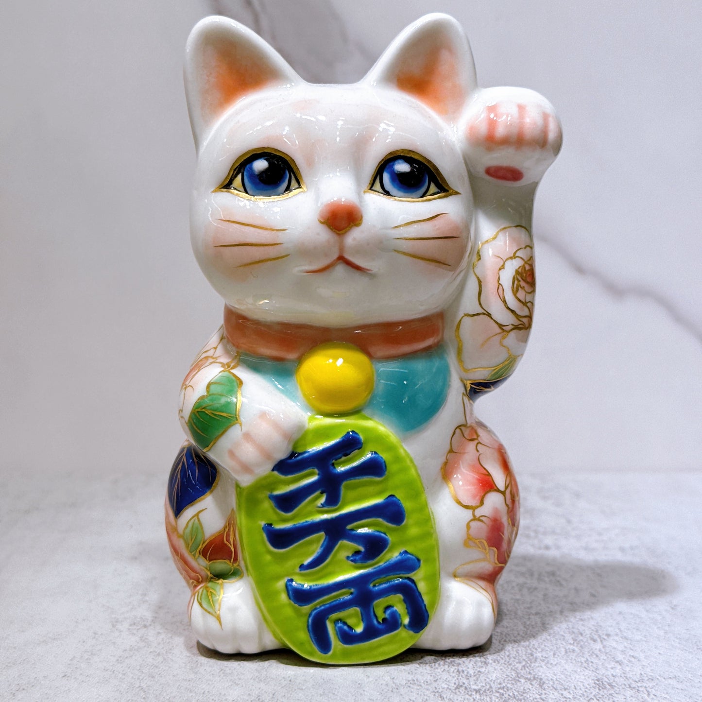 日本清水燒招財貓 色繪 薔薇