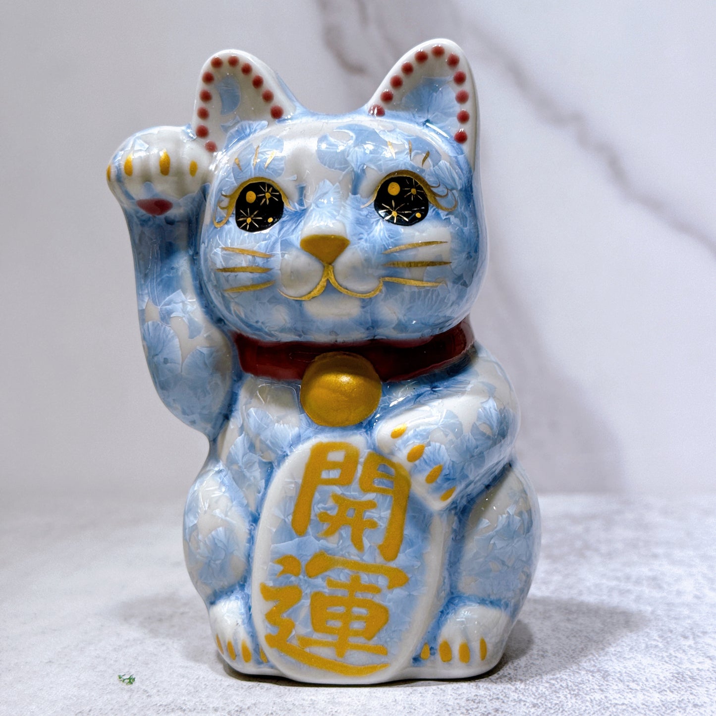 日本清水燒招財貓 花結晶 銀藤 開運 右 特小