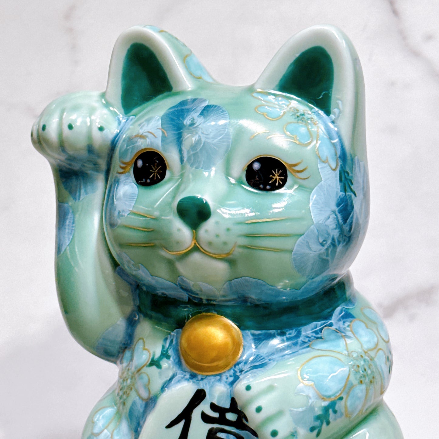日本清水燒招財貓 花結晶 綠 億万両 体花 特大 右