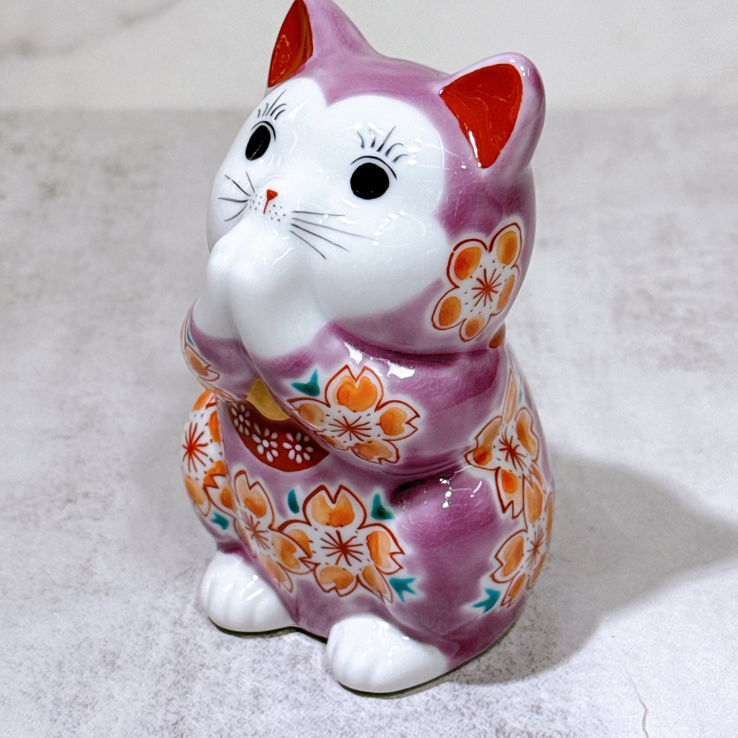 日本九谷燒招財貓 紫櫻 3.8號