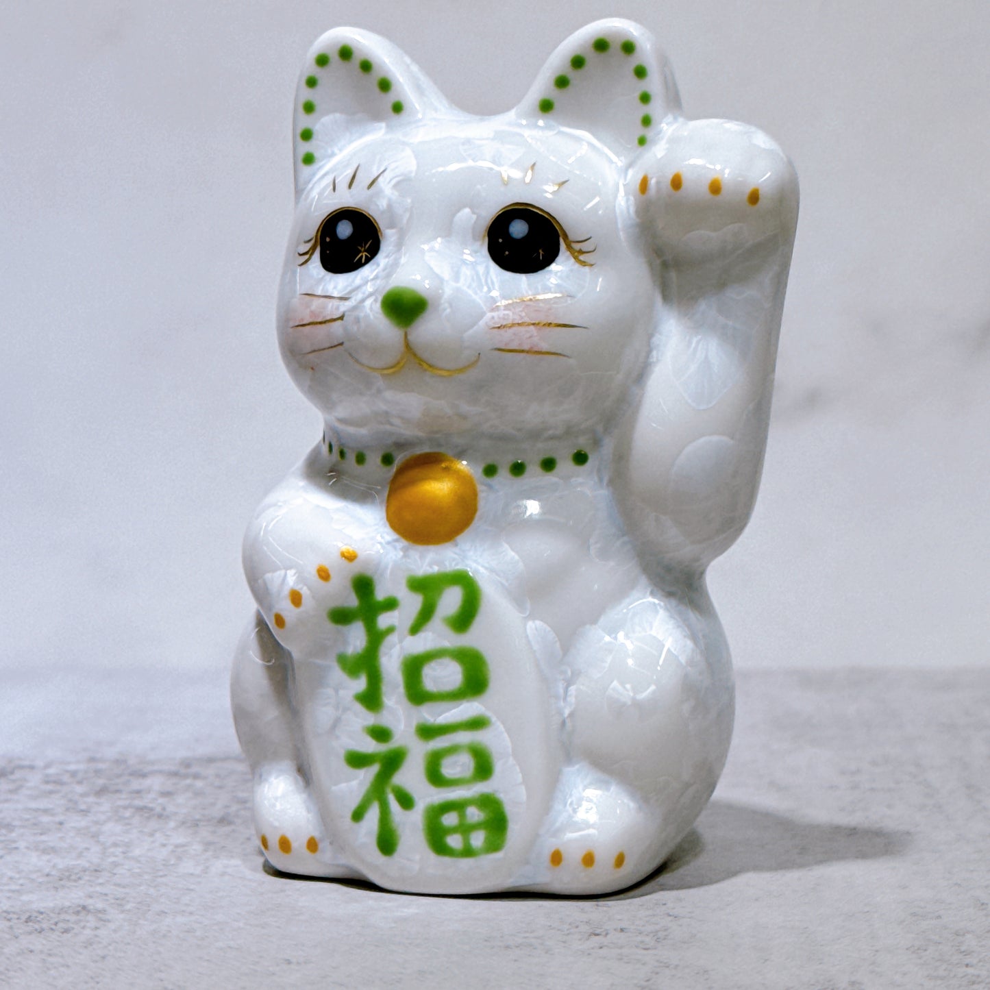 日本清水燒招財貓 花結晶 白 招福 左 特小