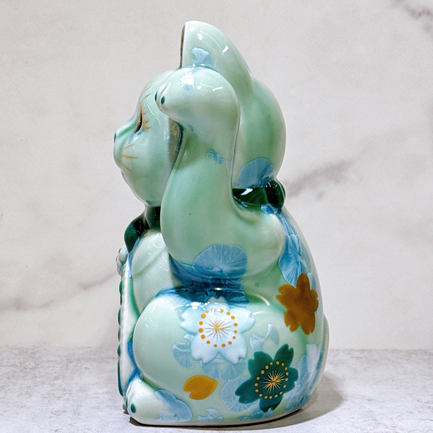 日本清水燒招財貓 花結晶 綠 千萬両 体花 左