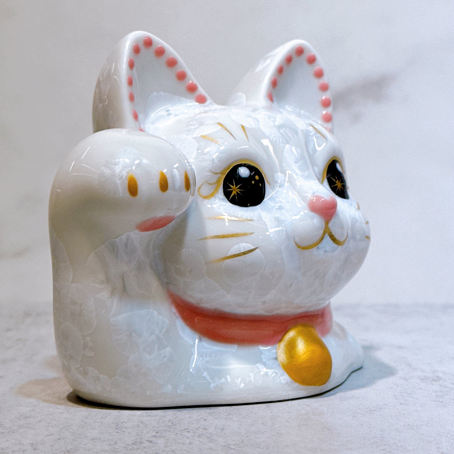 日本清水燒招財貓 貓半身 花結晶 白