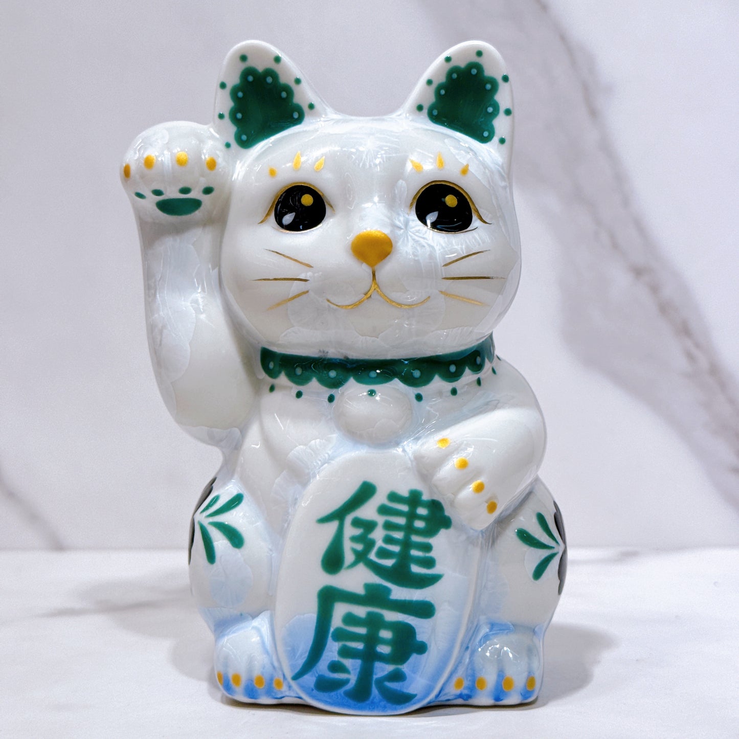 日本清水燒招財貓 花結晶 青白 体花 健康 右