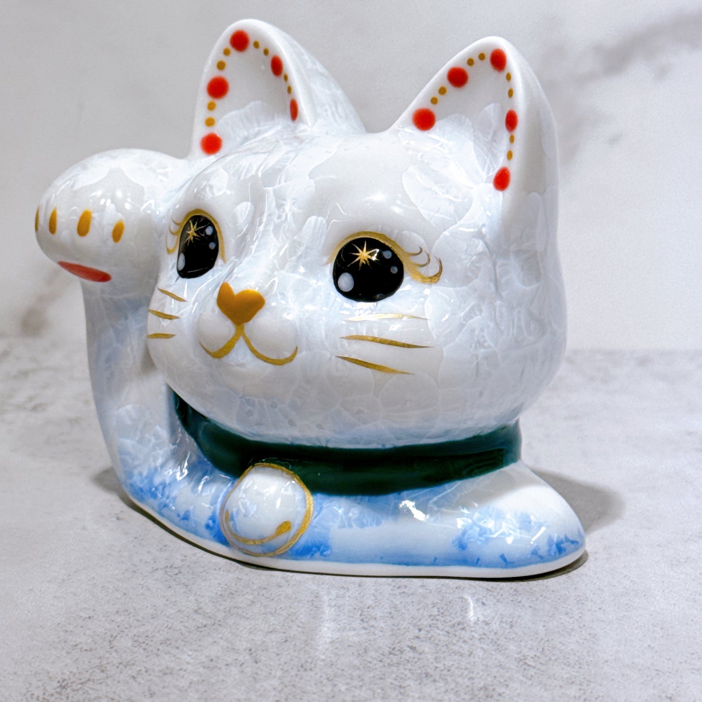 日本清水燒招財貓 貓半身 花結晶 青白