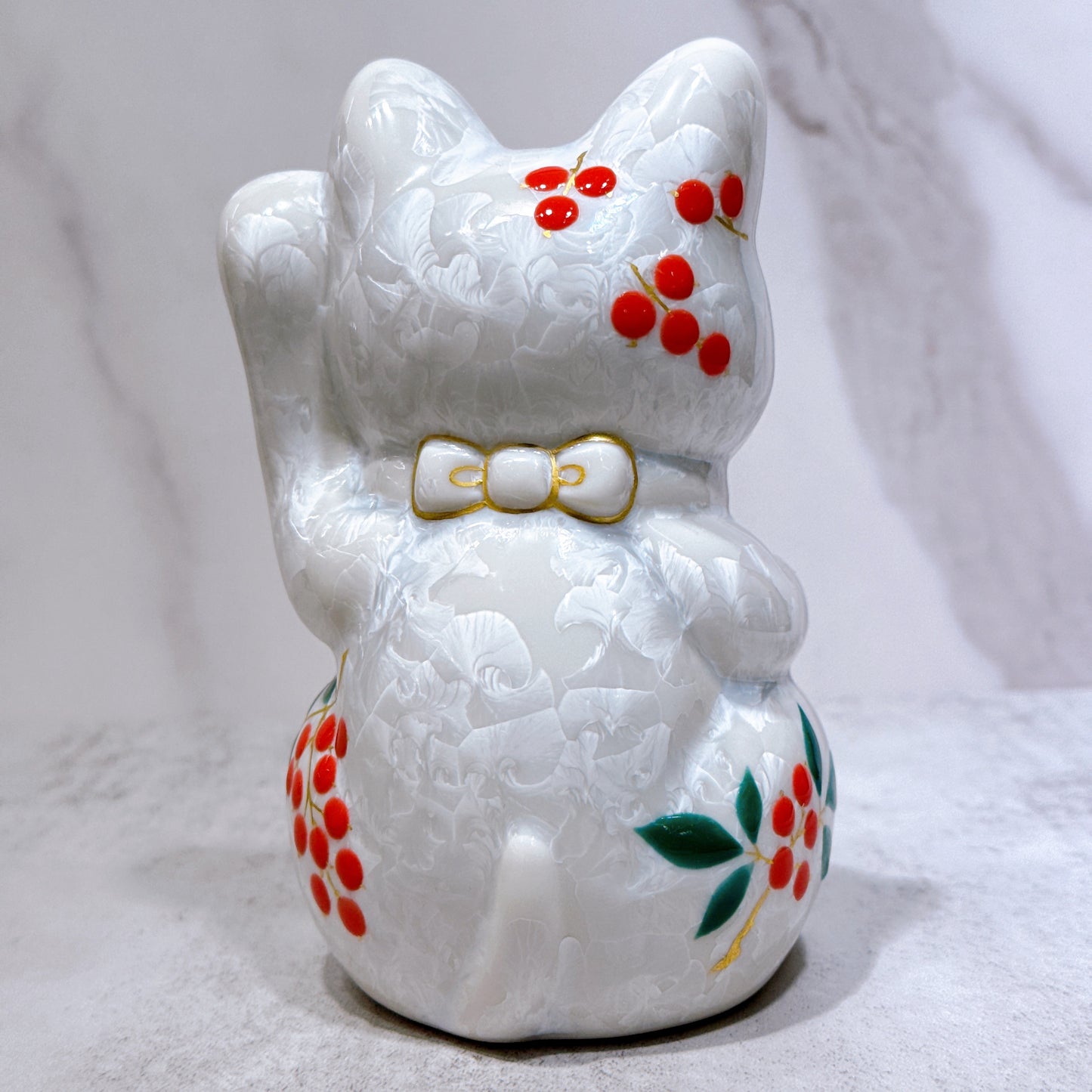 日本清水燒招財貓 花結晶 白 体花 千万両 左